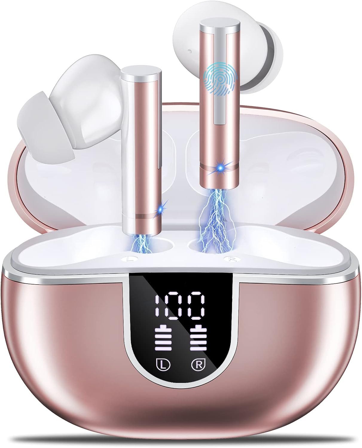 SpionProfi Bluetooth Kopfhörer 5.3 HD Mikrofon In-Ear Headset mit LED Rose Headset (In-Ear Headset mit Ladecase für Musik, Telefonieren uvm)