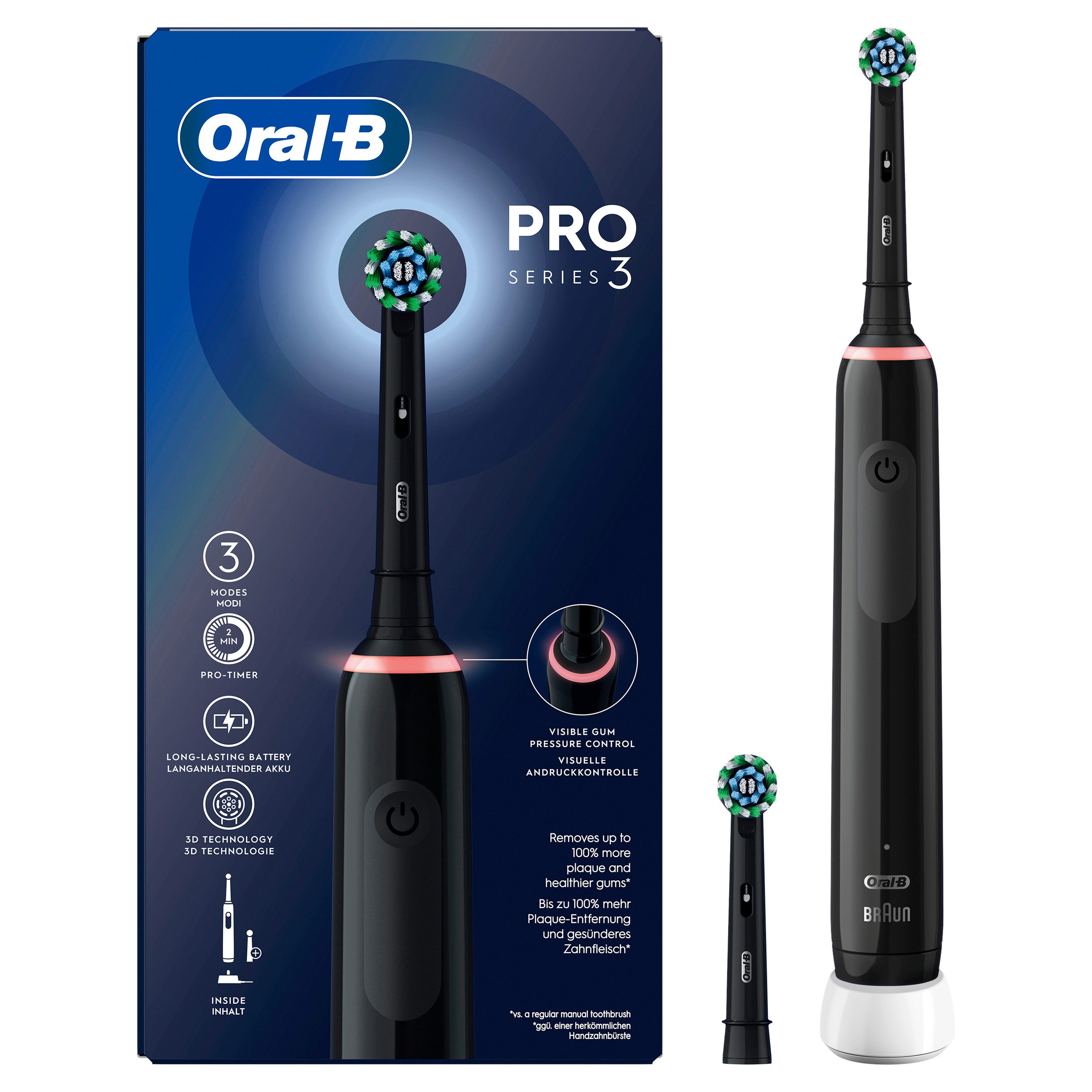 Oral-B Elektrische Zahnbürste Pro 3 3000, Aufsteckbürsten: 2 St., 3 Putzmodi