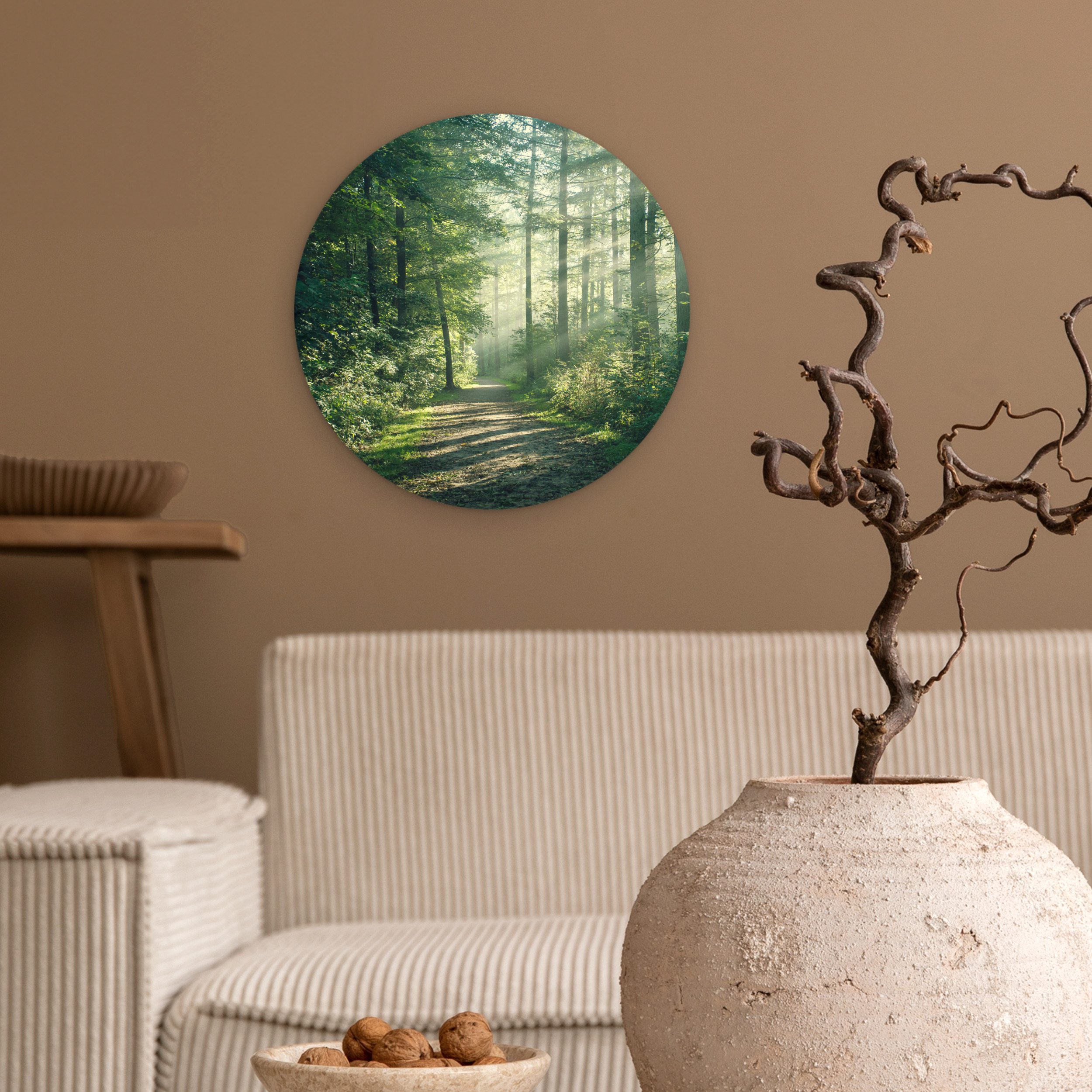 MuchoWow Gemälde Wald - Weg - Sonne - Bäume - Grün - Natur, Fotodruck (1 St), Kreis Wanddekoration, Rundes Wandbild, 30x30 cm
