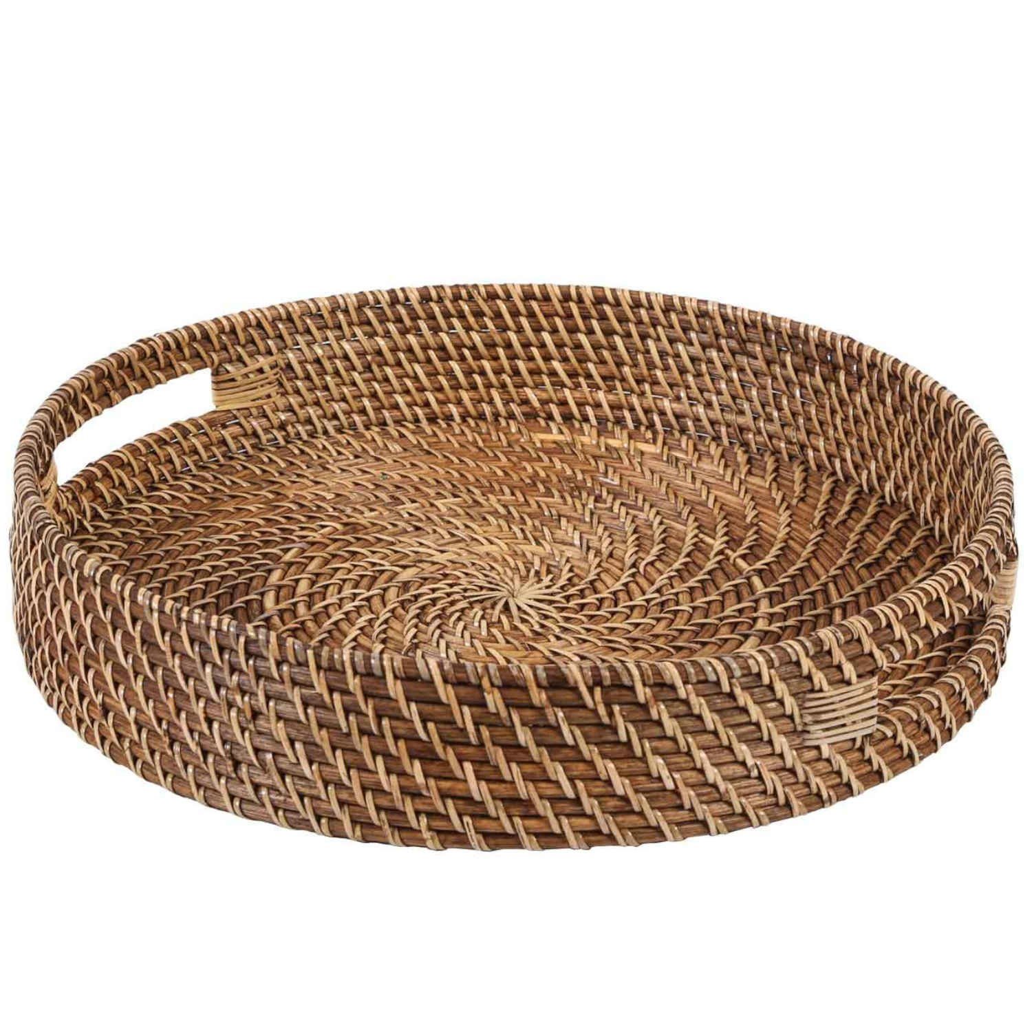 Casa Moro Dekotablett Rattan Serviertablett BEA rund mit Griffen (Servierplatte rustikal geflochten, Boho Chic Servierteller Deko-Tablett), dekoratives Tablett für Getränke, Frühstück, Tee, Service