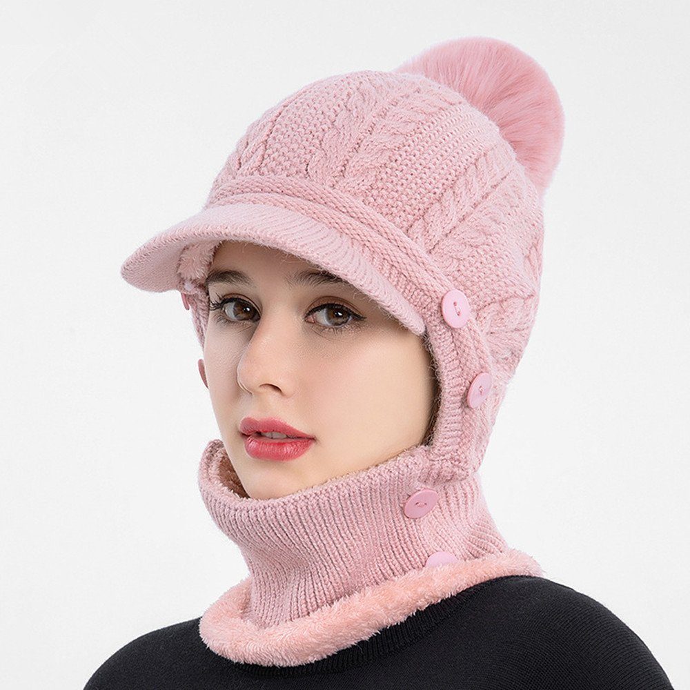 XDeer Strickmütze Damen Wintermütze mit Schirm Fleece Gefüttert Strickmützen 3 In 1 Verstellbarer Gesichtsschutz für Damen pink