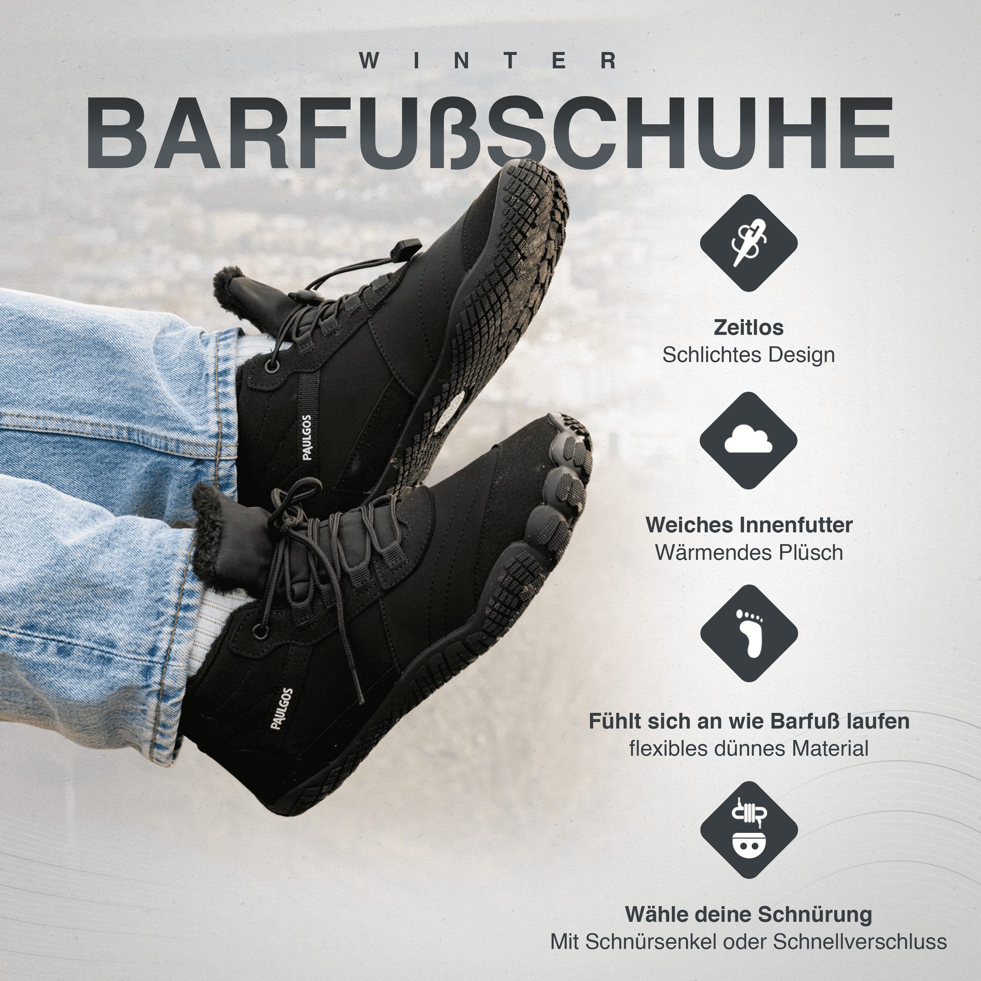 PAULGOS Winterbarfußschuhe, unisex, Größe 37-47 in 3 Farben Haferlschuh