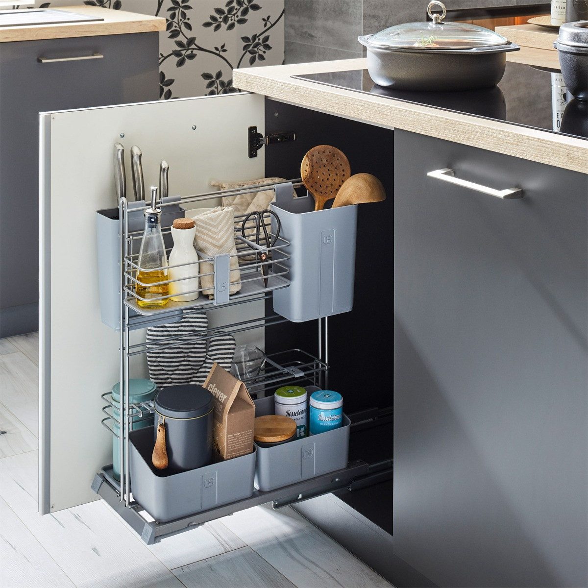 Kesseböhmer Auszugsboden CookingAGENT Unterschrankauszug für Kochutensilien, silbergrau, für 300 mm Korpusbreite, 260 x 489 x 625 mm