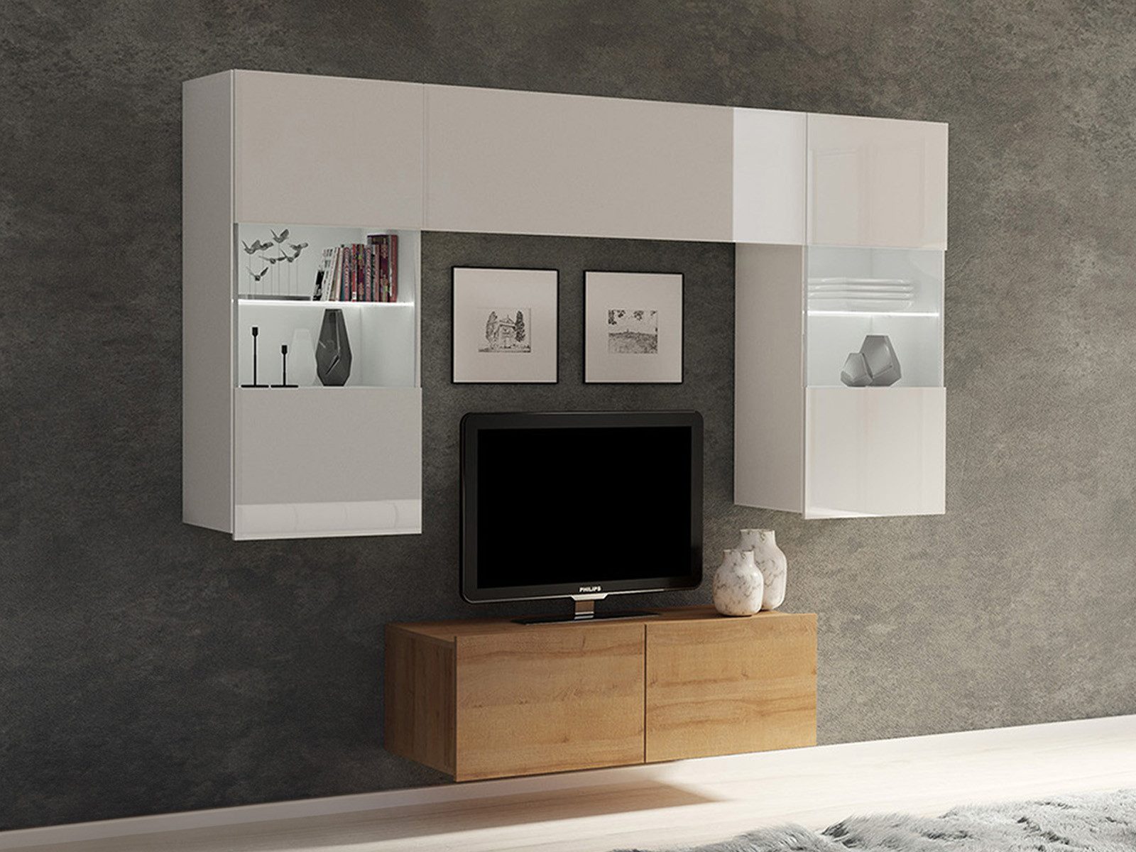 HAUSELEMENT Wohnwand CALABRINI-10, (4-St), Hängewohnwand Schrankwand LED-Beleuchtung Anbauwand Modern