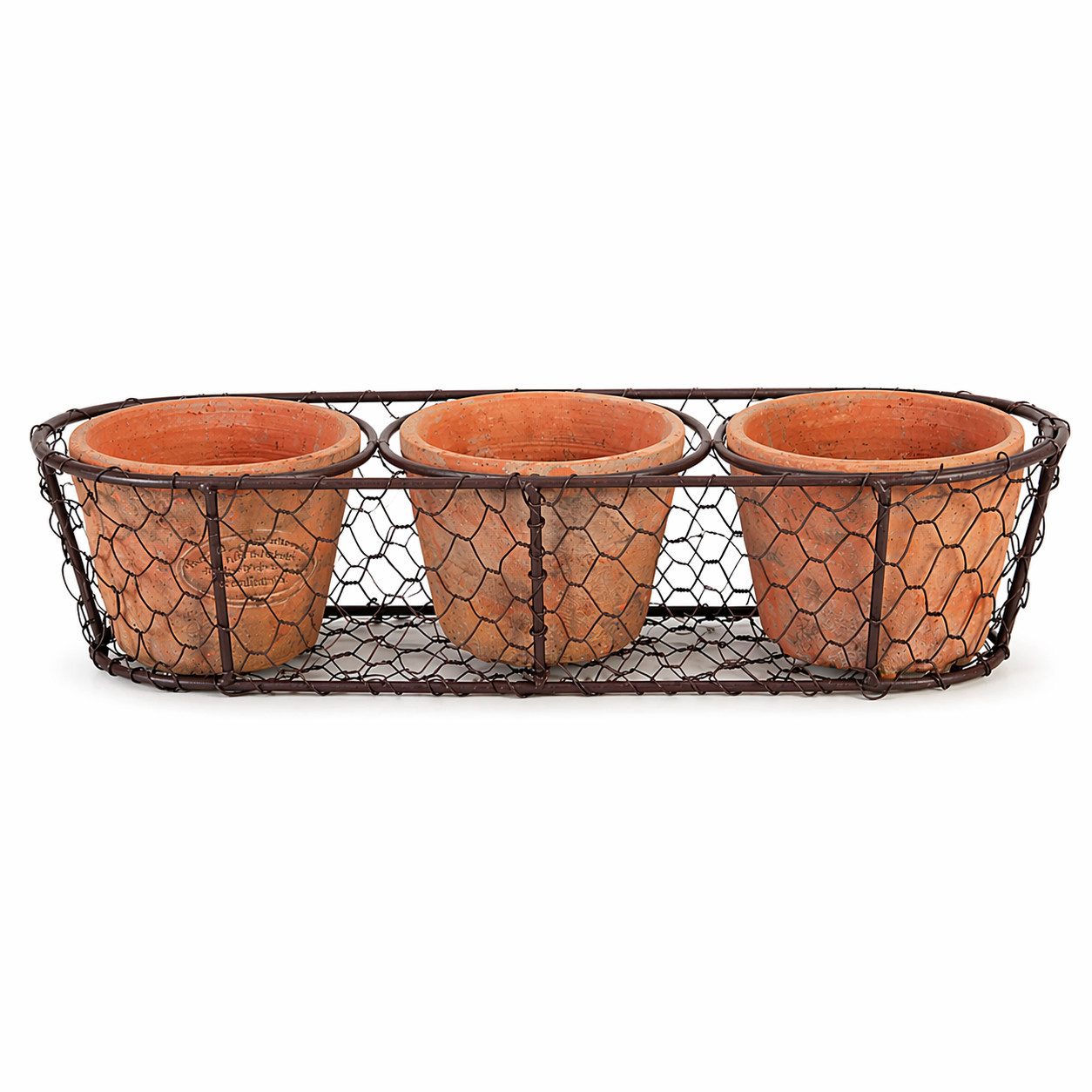 esschert design Pflanzkübel 3 Töpfe im Drahtkorb aus Terracotta – handgefertigtes Pflanzgefäß Set (1 St., 3 Töpfe im Drahtkorb), Ein Topf fasst 0,3 Liter