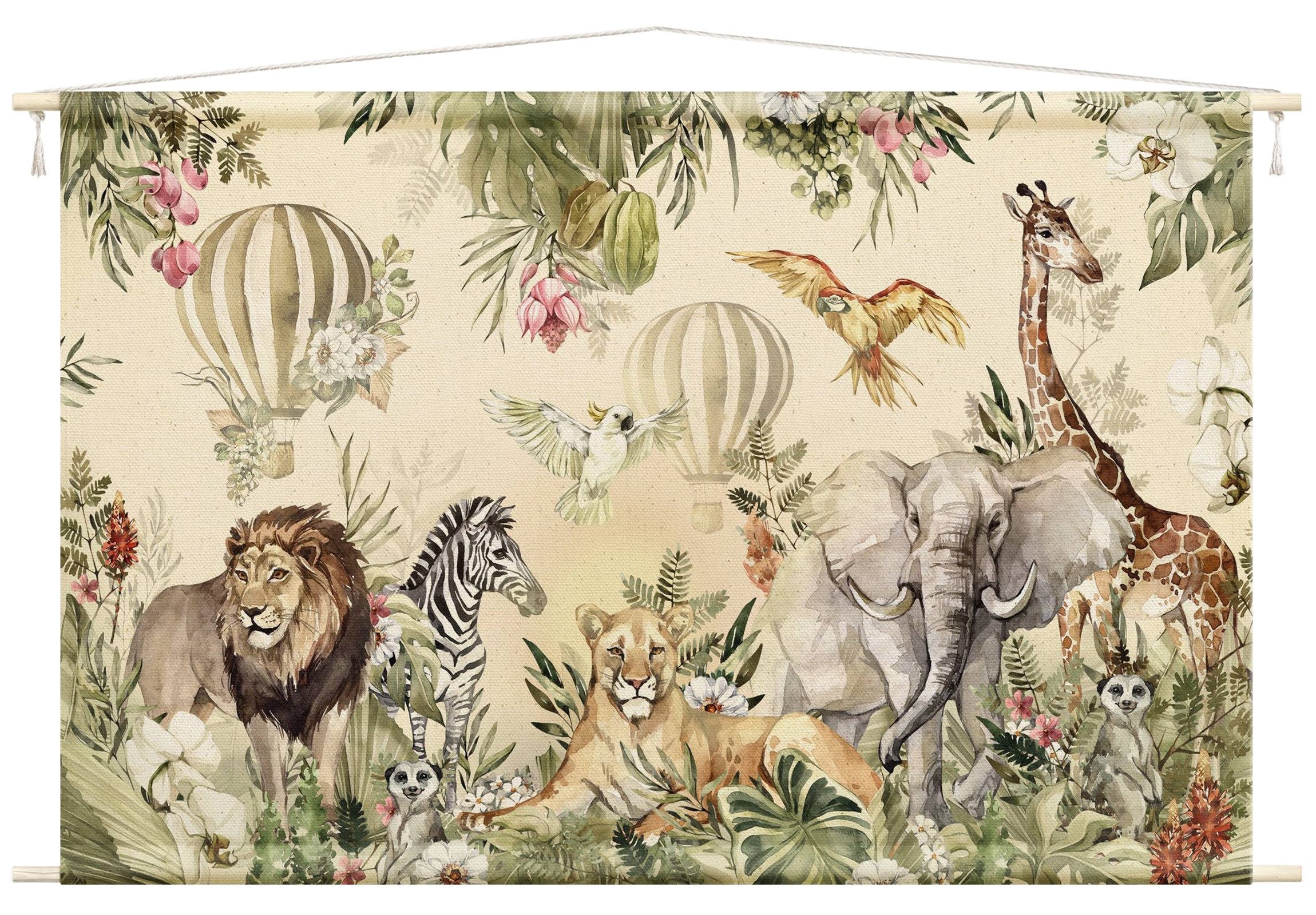 Bilderdepot24 Wandteppich Kinderzimmer modern Wald Aquarell Natur Tiere Elefant bunt, rechteckig, Höhe: 2.6 mm, großes Wandbild aus Natur-Baumwolle Wandbehang Stoffbild Tuch Wollseil