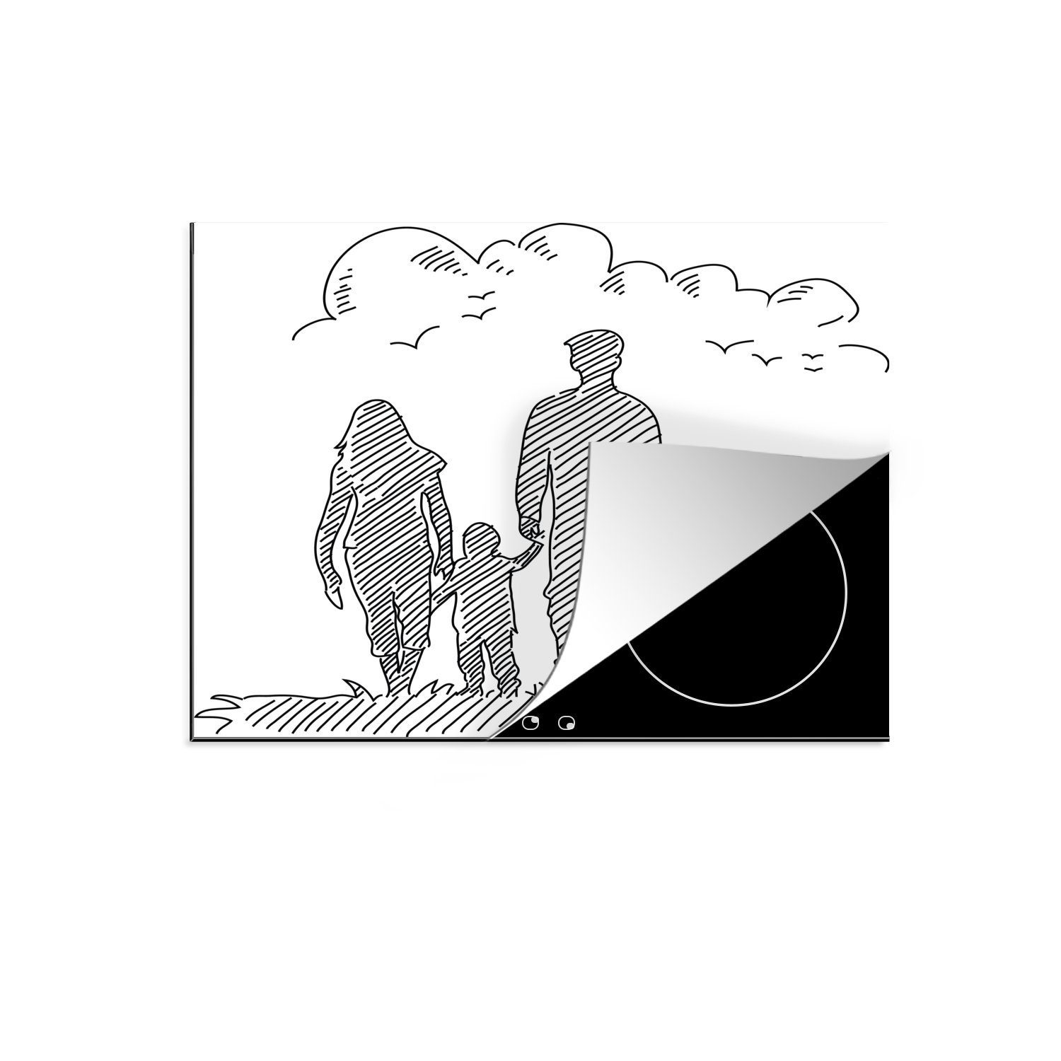 MuchoWow Herdblende-/Abdeckplatte Illustration einer gezeichneten Familie, Vinyl, (1 tlg), 57x51 cm, Induktionsschutz, Induktionskochfeld, Ceranfeldabdeckung