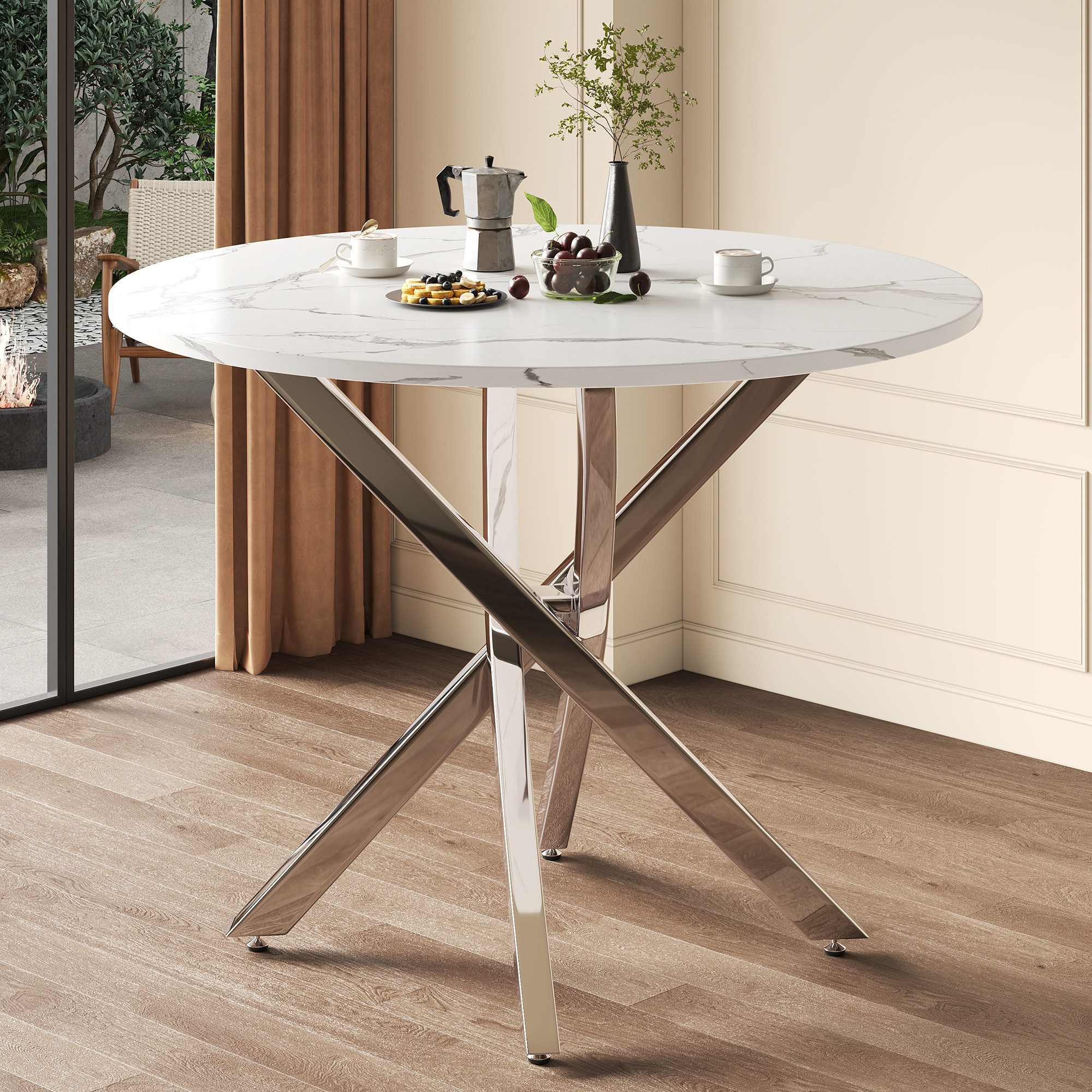 Flieks Esstisch runder Tisch Multifunktionstisch (galvanisierte Tischbeine mit verstellbaren Fußpolstern in silberfarben, 1-St., 1 Tisch, B80xH75 cm), moderner Küchentisch Arbeitstisch, Tischplatte in weißer Marmoroptik
