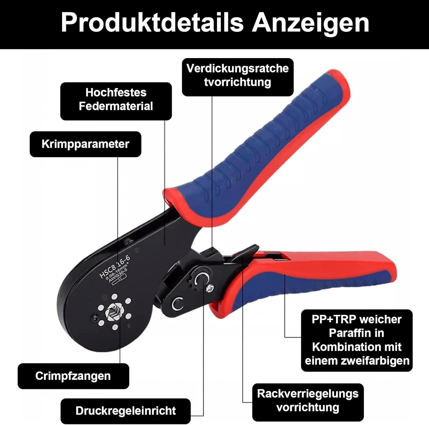 BlingBin Crimpzange Aderendhülsenzange Crimpzangen Aderendhülsen Presszange, 1er Set 1-tlg., Crimpbereich: 0,08–16 mm² (30–16 AWG), Crimpzange für Aderendhülsen Kabelverbinder aus Kohlenstoffstahl