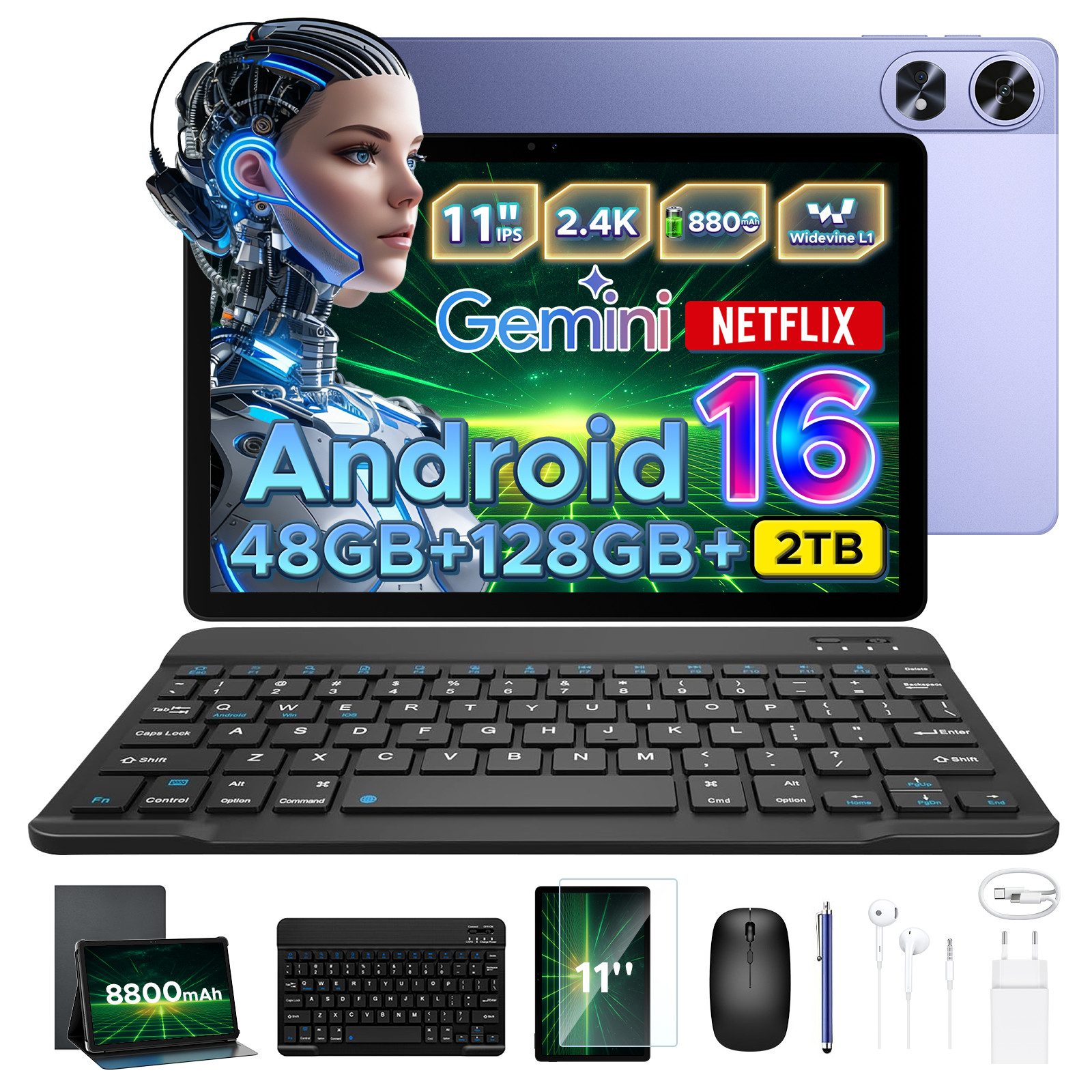 Aorlym P11 Pro Android 16 Tablet mit Tastatur,90Hz,128GB ROM,8800mAh,11 Zoll Tablet (11", 128 GB, Android 16, WiFi, 48GB RAM (8 + 40 GB erweitert), GPS, Face ID, 5G WiFi, Gemini AI)