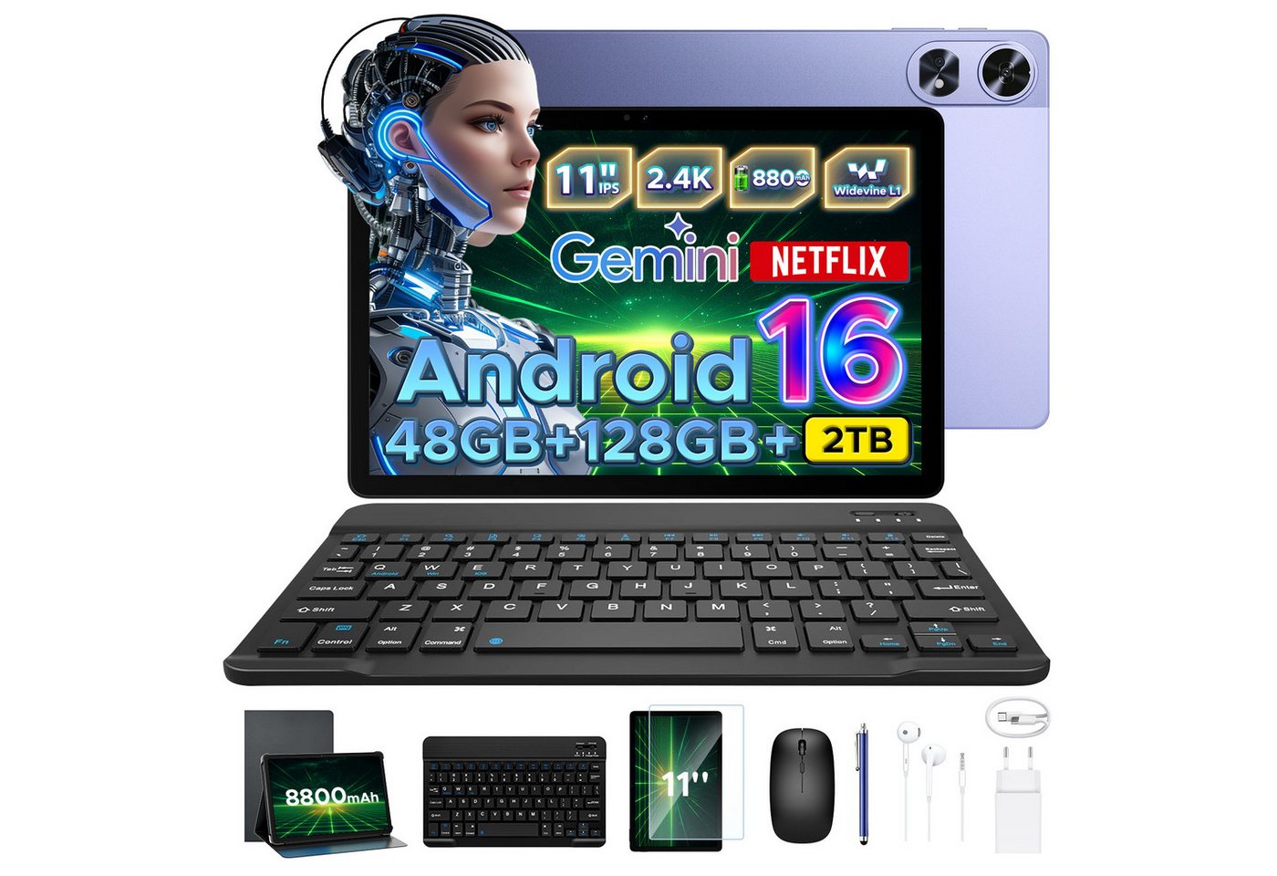 Aorlym P11 Pro Android 16 Tablet mit Tastatur,90Hz,128GB ROM,8800mAh,11 Zoll Tablet (11", 128 GB, Android 16, WiFi, 48GB RAM (8 + 40 GB erweitert), GPS, Face ID, 5G WiFi, Gemini AI)