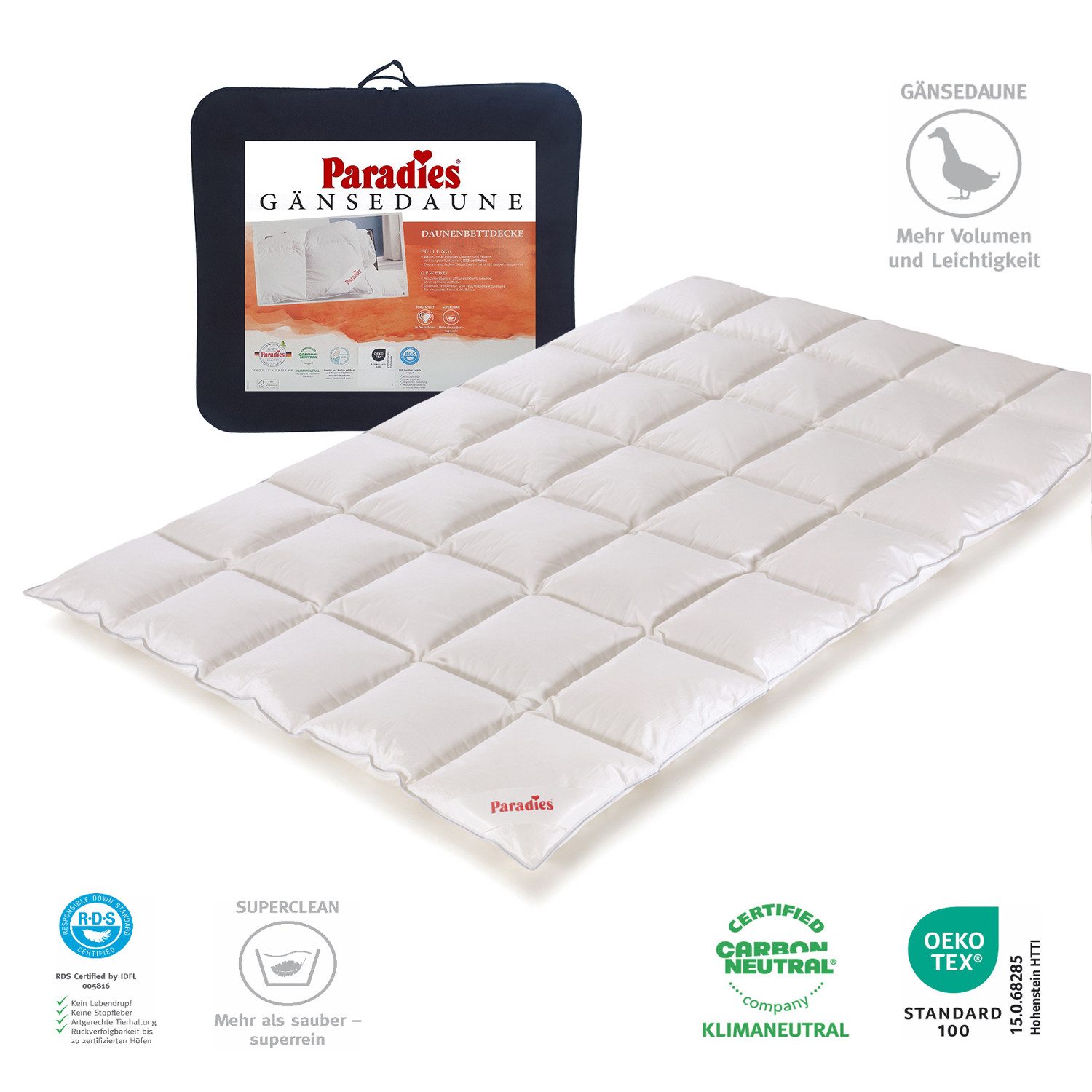 Paradies Daunenbettdecke Paradies Gänsedaunen Bettdecke Melinda Daunendecke medium warm 135x200, Füllung: 90% neue weiße Gänsedaunen Klasse1, 10% neue weiße Gänsefederchen Klasse1, super Clean, Bezug: 100% Baumwolle ohne optische Aufheller