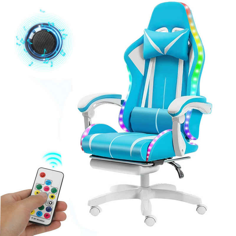oyajia Gaming Chair Verstellbare Gaming-Stuhl mit RGB Lichtleiste & Bluetooth Lautsprecher, Ergonomischer Gamng Chair mit Kopfkissen Lendenkissen, mit Fußstütze