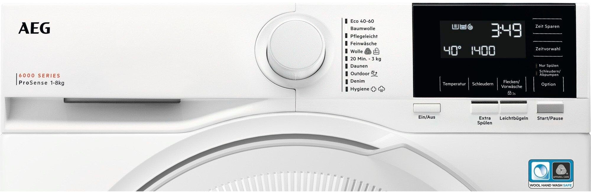 AEG LR6A648, Energie 40% - U/min, 1400 6000 Zeit, ProSense® Mengenautomatik​ Waschmaschine bis kg, 8 spart und Wasser