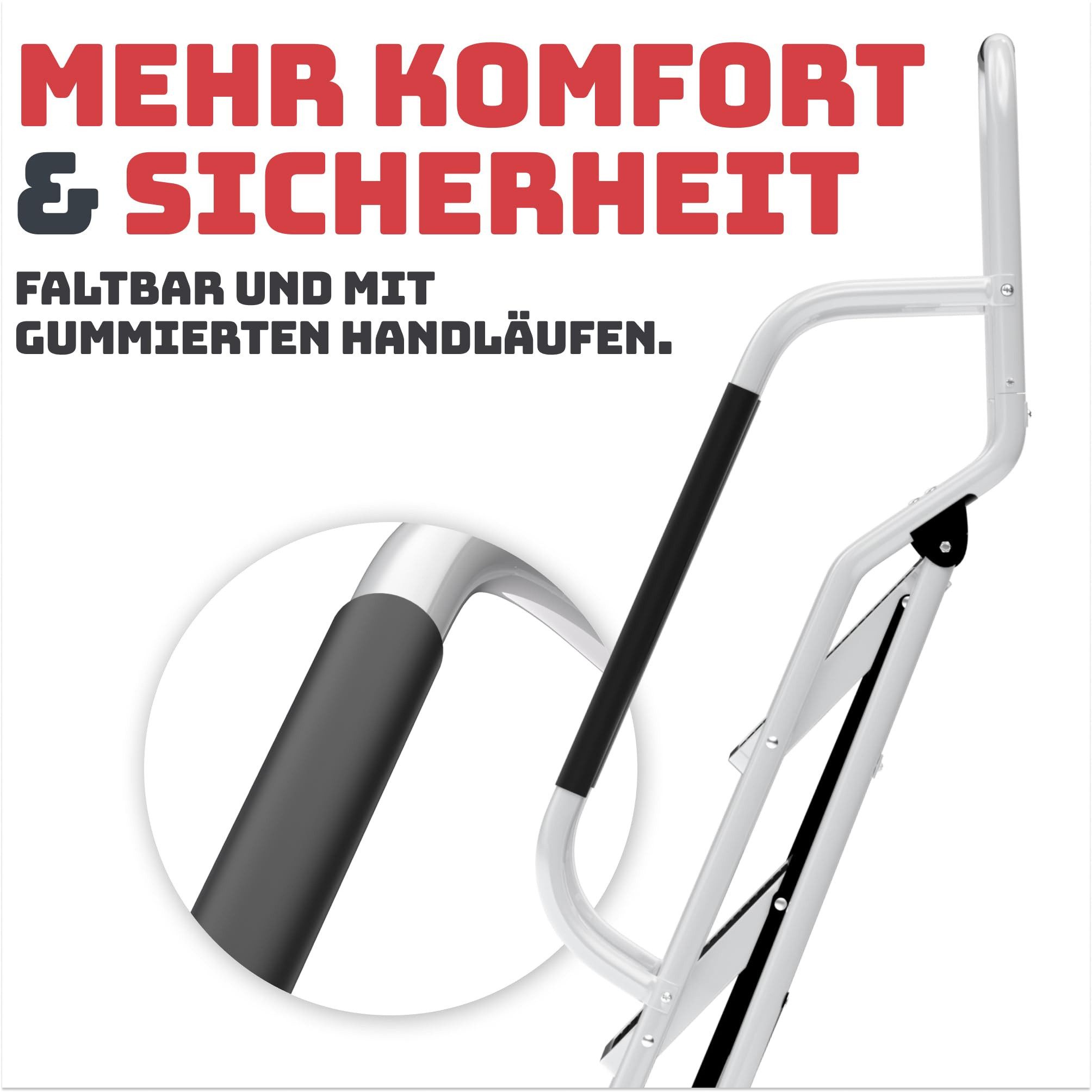 Stackmeister Klapptritt Sicherheitsleiter (TÜV zertifiziert, belastbar 150kg, 3-stufig erhältlich), rutschfeste Trittleiter mit Handlauf, klappbar