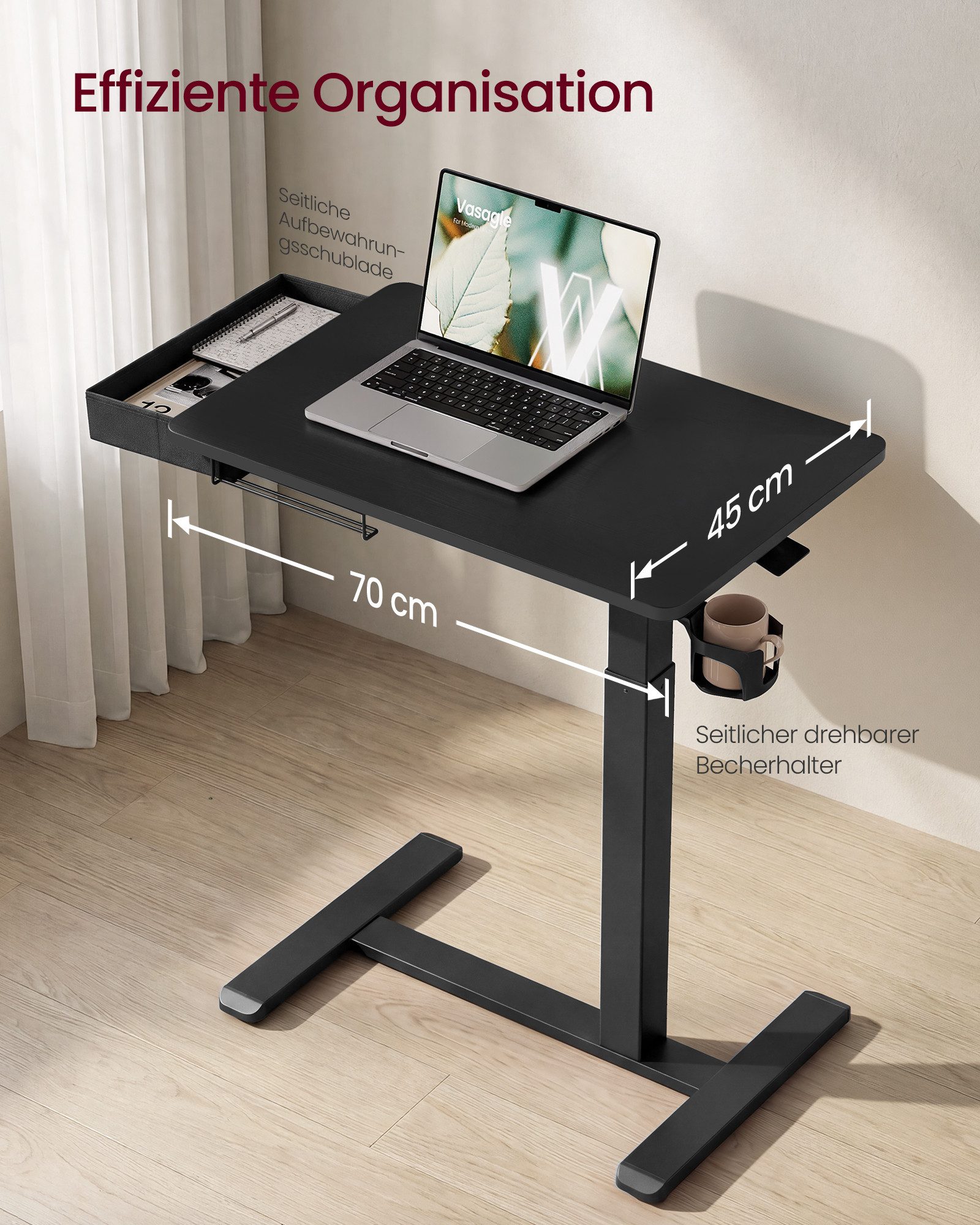 VASAGLE Schreibtisch Höhenverstellbarer Schreibtisch Laptoptisch mit Schublade und Rollen, 70 x 45 cm Für Schlafzimmer und Wohnzimmer mit Getränkehalter – Bild 5 von 5