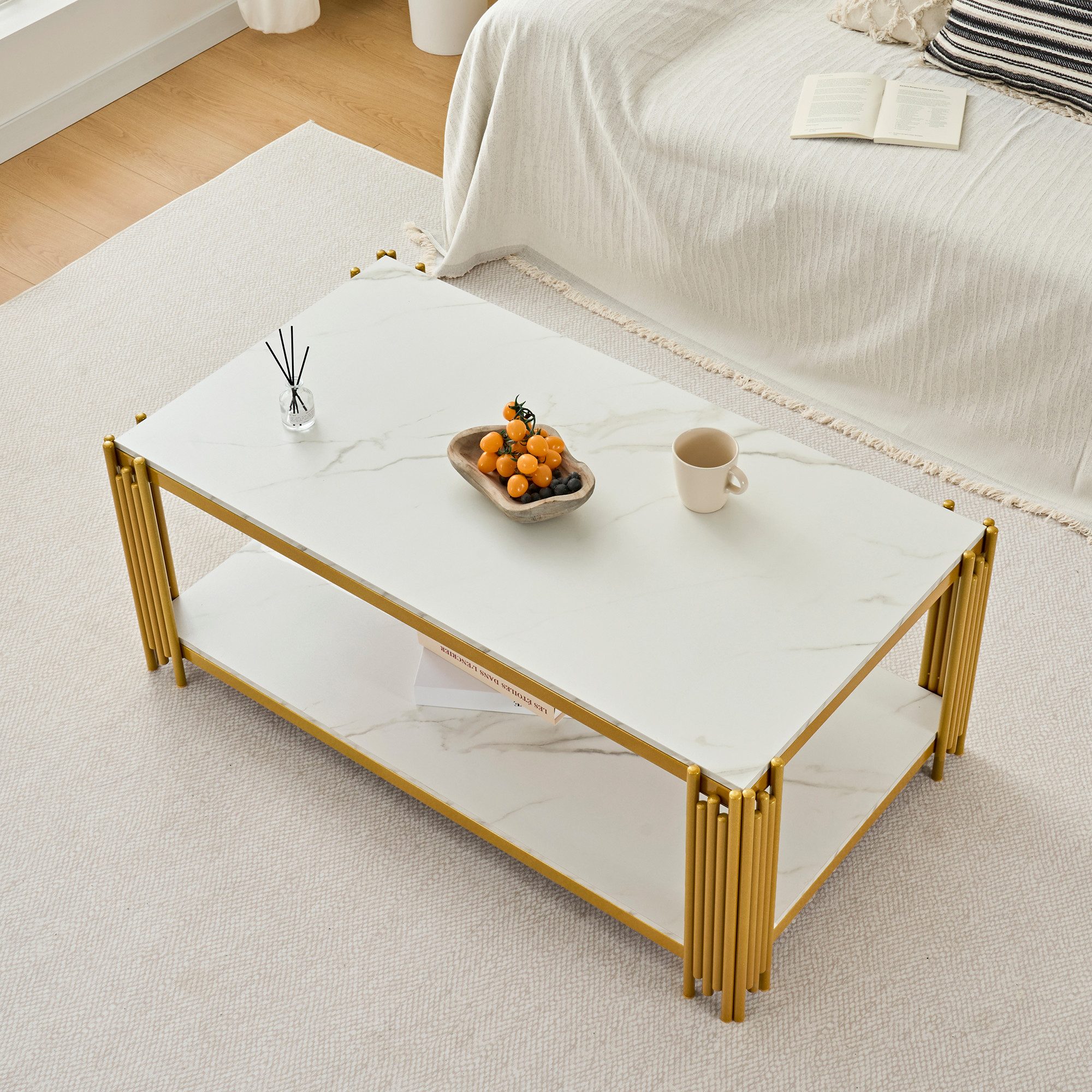 Fine Life Pro Couchtisch Rechteckiger Couchtisch, Marmoroptik-Platte, Metallbeine, weiß-gold, H46xB114xT64 cm, modernes Wohnzimmermöbel, elegantes Design – Bild 5 von 5