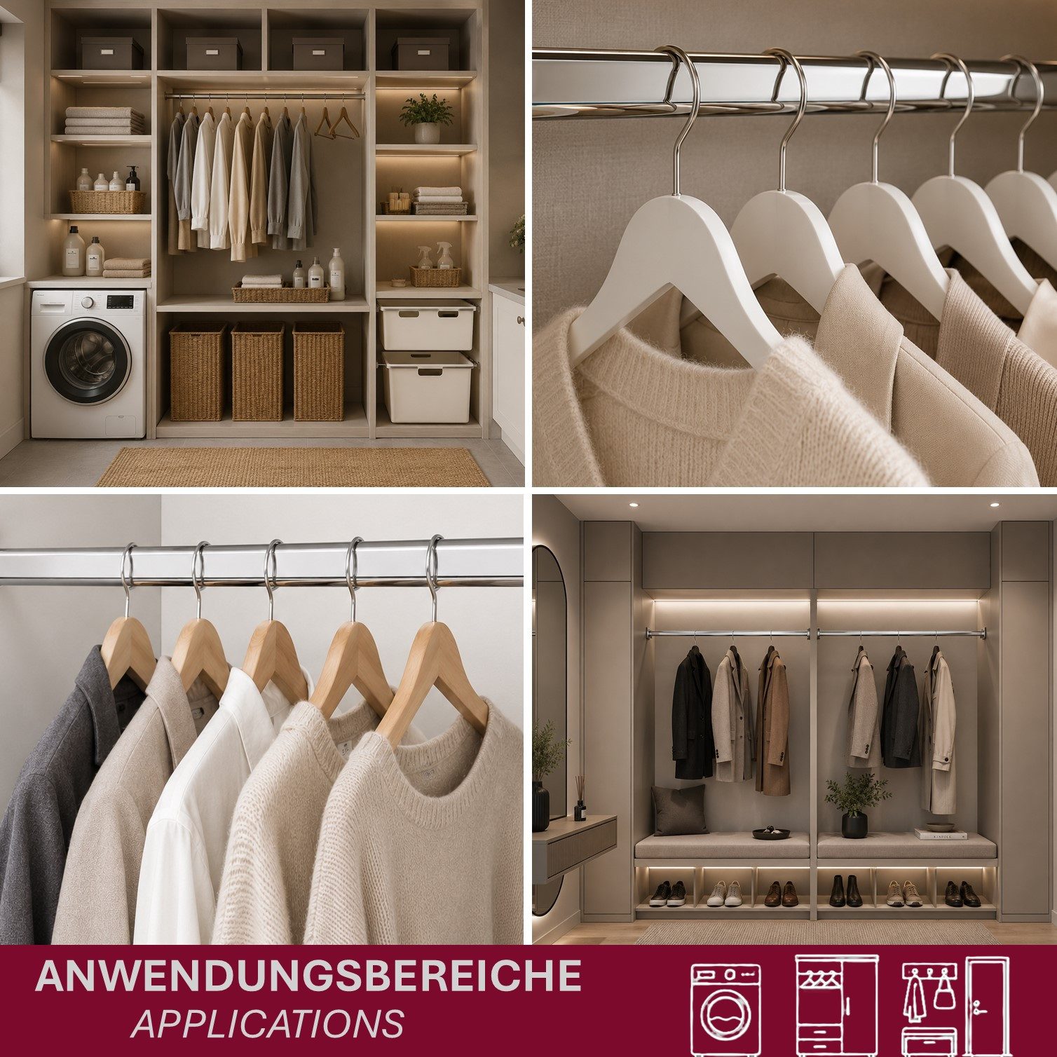 HOOZ Kleiderstange Schrankrohr Oval 50 - 120 cm Stahl inkl. Halter Silber 1er Set (Set, 2 St., 2 x Garderobenstange), Individuell kürzbar, geschliffene Rohrkanten, stabile Metallhalter