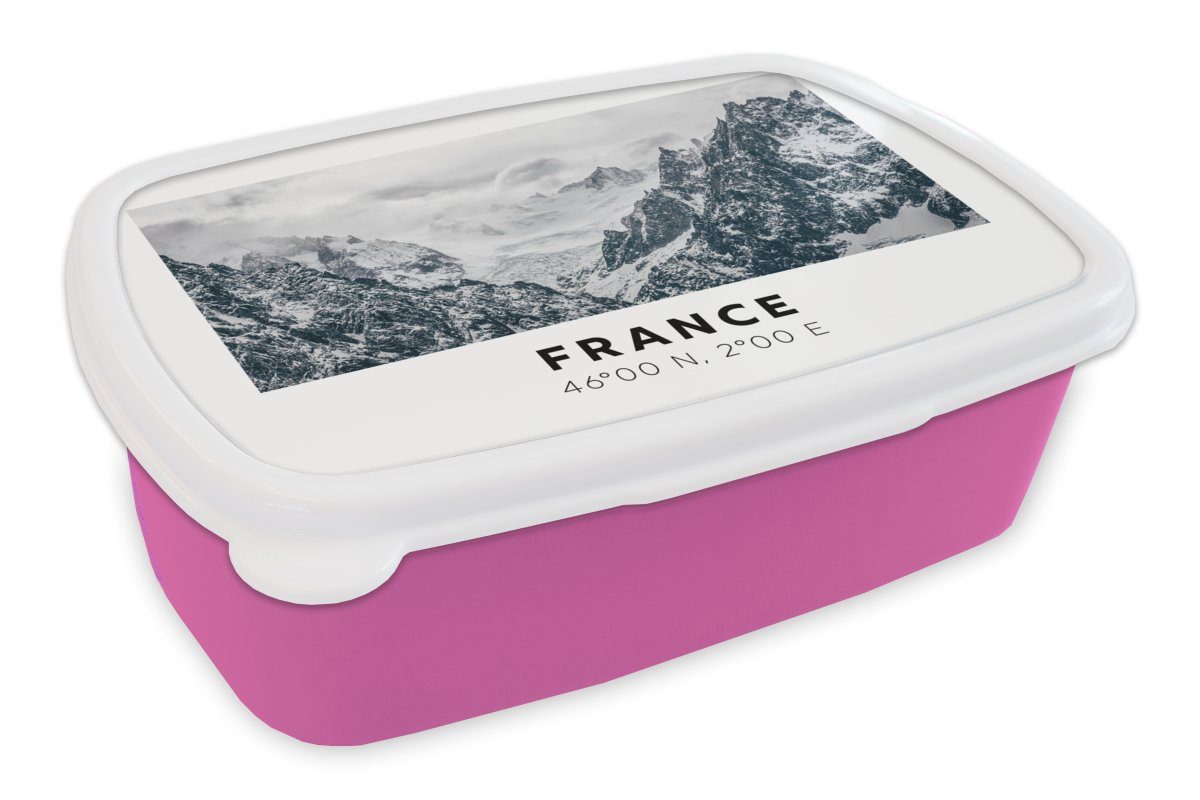 MuchoWow Lunchbox Frankreich - Schnee (2-tlg), - Brotdose Snackbox, Kunststoff, Erwachsene, Brotbox Kinder, rosa Kunststoff für Mädchen, Berge