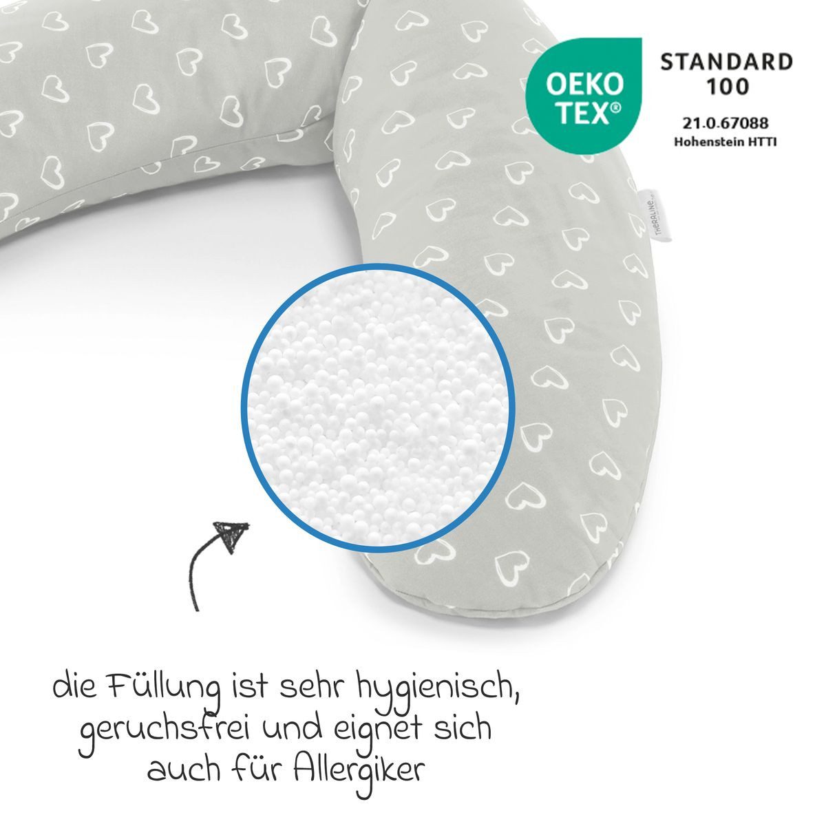 Theraline Stillkissen Das Komfort - Herzen - Grau, 2-tlg., Lagerungskissen Schwangerschaftskissen inkl. Bezug (Baumwolle) 180 cm – Bild 2 von 5