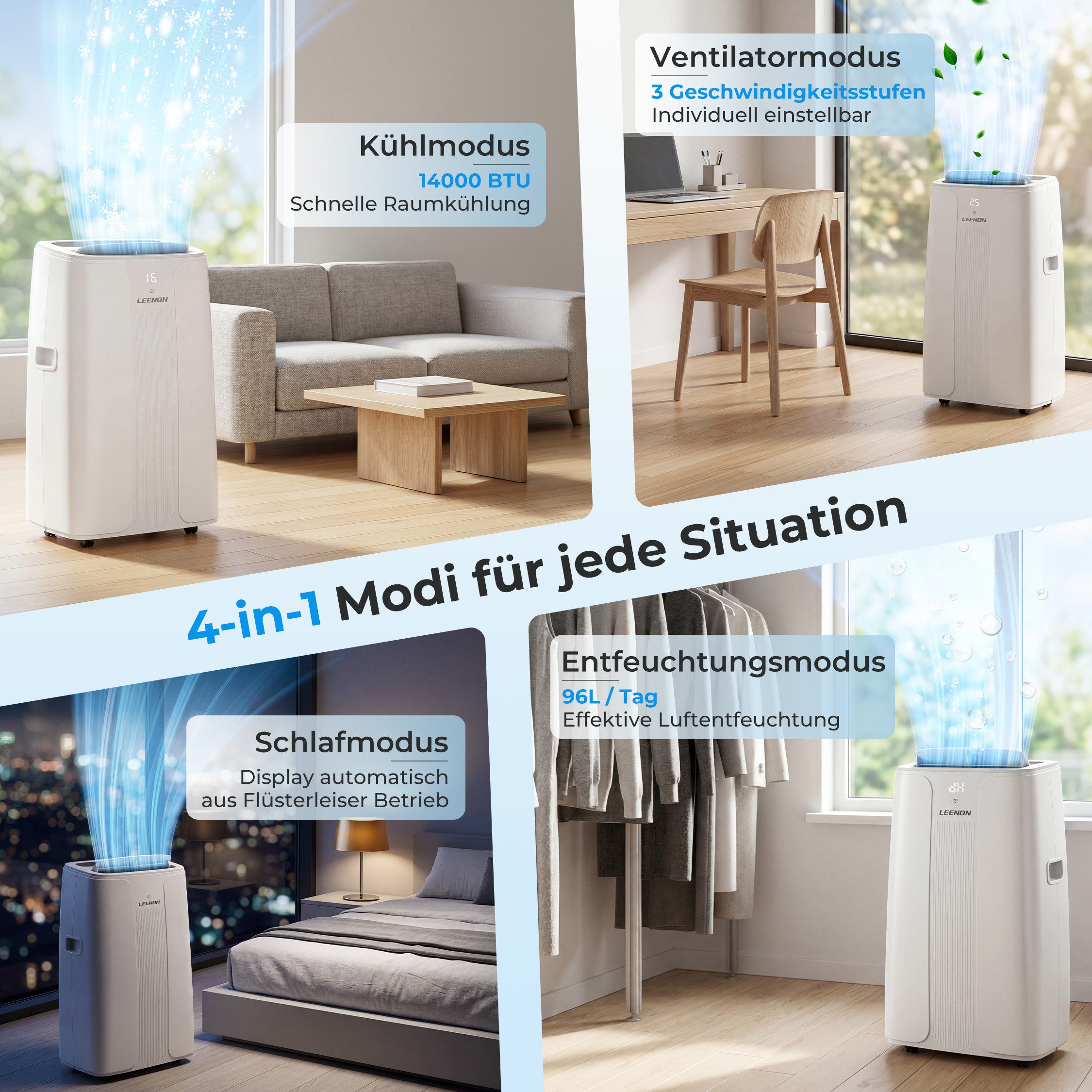 LEENON 4-in-1-Klimagerät 14000 BTU Mobile Klimaanlage,Leise Klimaanlage mit Fernbedienung,Timer, Energieeinsparung Kühlgeräte mit Abluftschlauch,Digitaldisplay