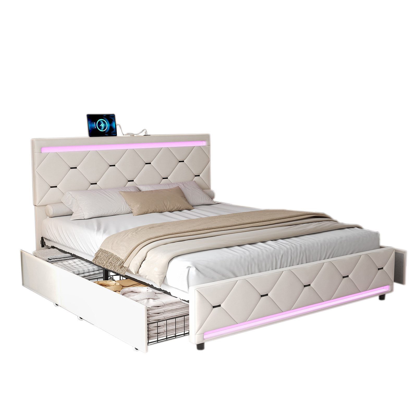 FUROKOY Stauraumbett Polsterbett Doppelbett mit 4 Schubladen (Gepolstertes Kopfteil mit Typ-C und USB-Ladeanschluss), Bettgestell mit LED und Lattenrost, Ohne Matratze, 140x200cm