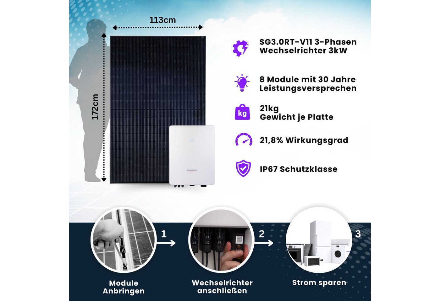 Thumbnail - HOME DELUXE Solaranlage Komplettset 3000W, 3000 W, (inkl. 8 Solarpaneelen, Sungrow-Wechselrichter & Aluminium-Rahmen), 2...