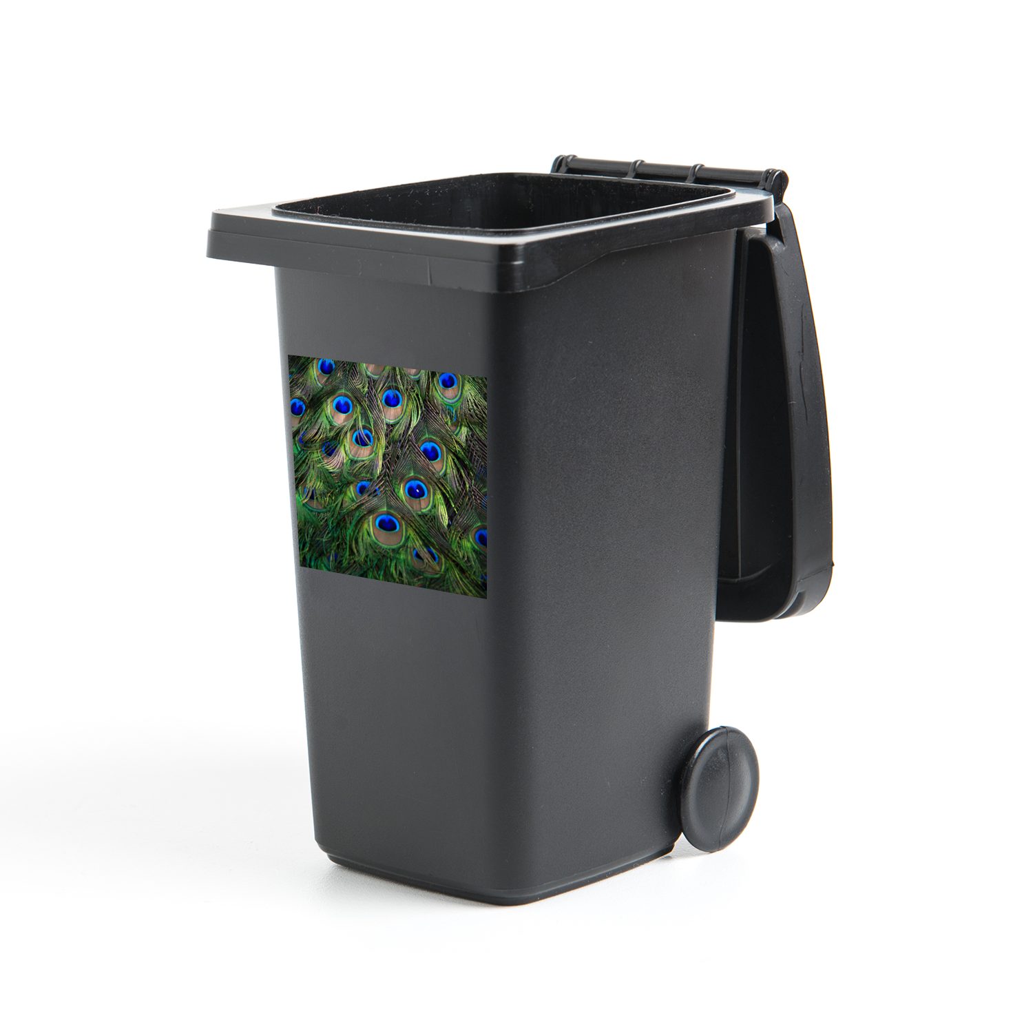 MuchoWow Blau - - Federn Abfalbehälter (1 Wandsticker Mülltonne, Sticker, - St), Mülleimer-aufkleber, Augen Pfau Container,