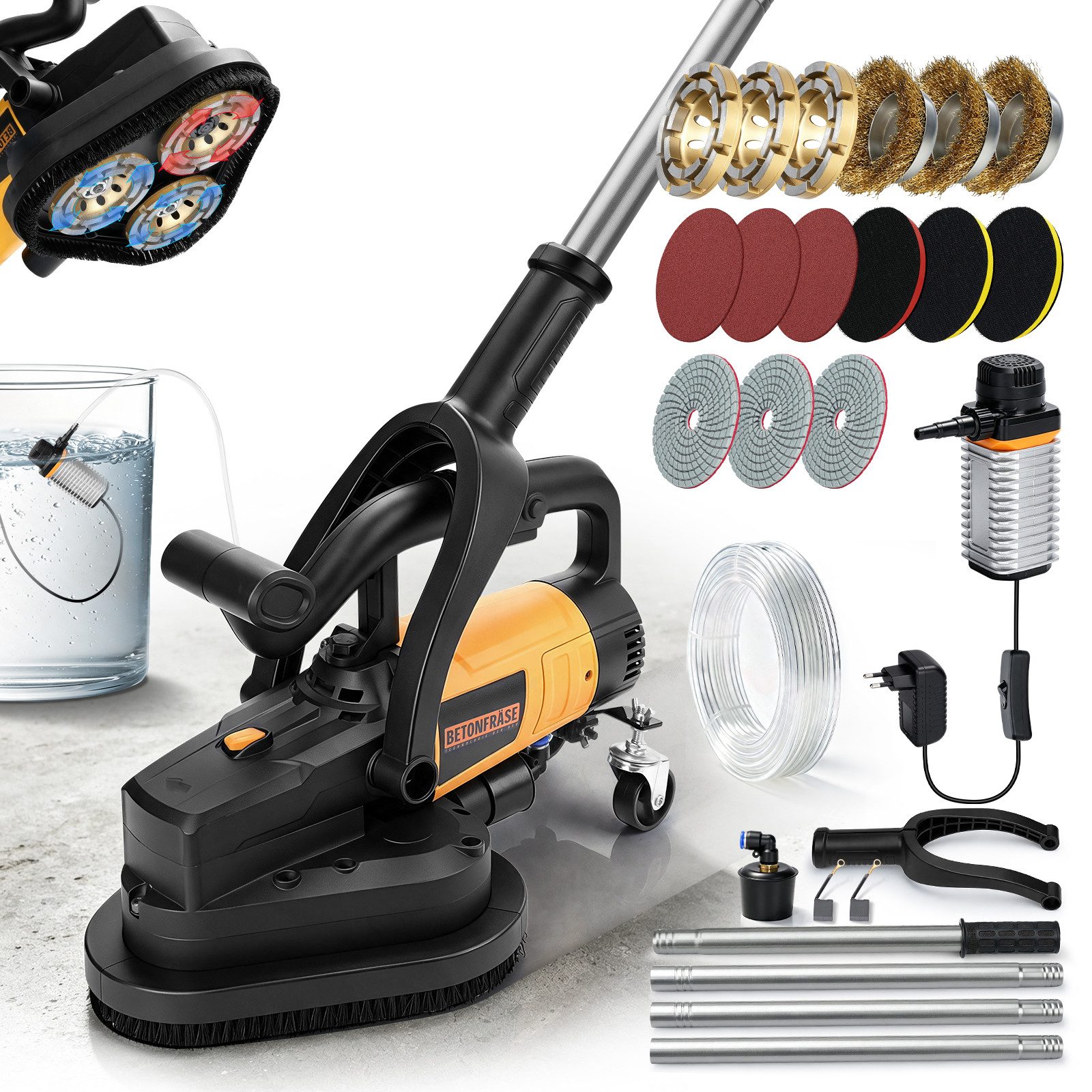 XERSEK Winkelschleifer 3800W Betonschleifer mit 3 Diamantschleiftopf Betonfräse Schleifgerät, max. 3000,00 U/min, (Set, 17 tlg., 2M Langgriff, Absaughaube, 6-Gang, M10, Ø105mm), Nass- und Trockenschliff für Flächen, Kanten
