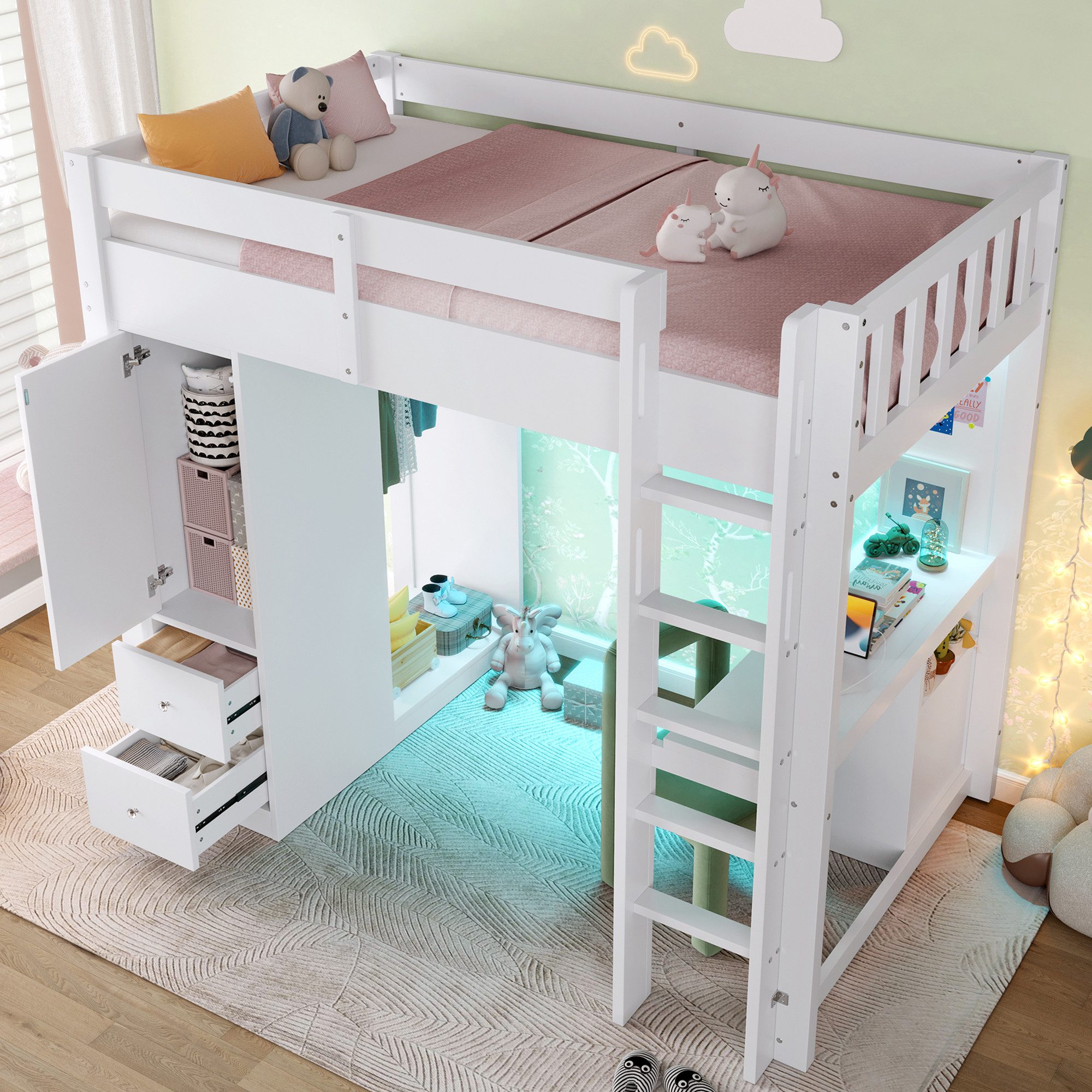 Merax Hochbett 90x200cm mit LED-Beleuchtung & USB (Kieferholz, 1-St., Etagenbett Jugendbett Holzbett Einzelbett) Kinderbett mit 4 Schubladen,Stauraumschrank,Schreibtisch,Kleiderstange