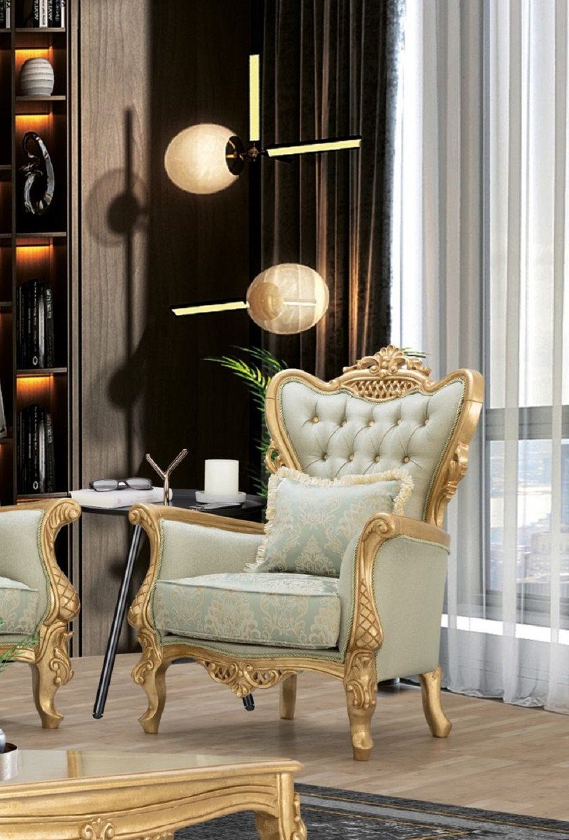 mit Sessel Muster Padrino Wohnzimmer - Gold und / Casa & Edel Luxus Sessel Wohnzimmer Sessel Glitzersteinen - Prunkvoll - Möbel Hellgrün elegantem Barock Barock Handgefertigter