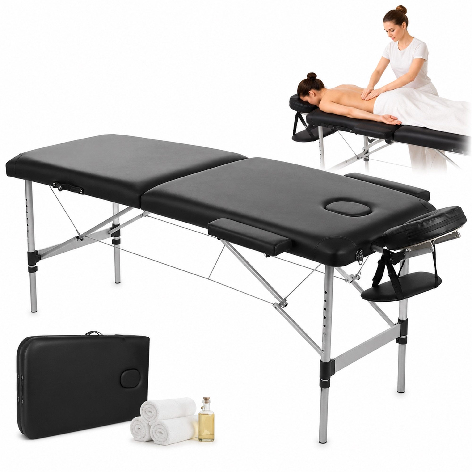 Mucola Massageliege Massageliege Aluminium 2 Zonen schwarz Massagebank klappbar Therapie (Stück, Premium-Massageliege), Abnehmbare Elemente