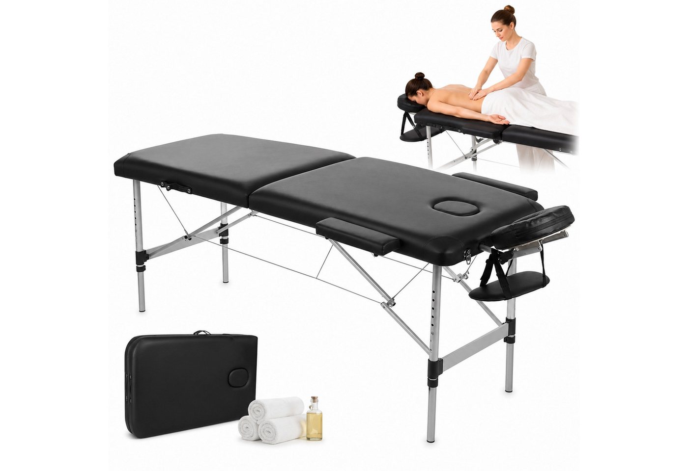 Mucola Massageliege Massageliege Aluminium 2 Zonen schwarz Massagebank klappbar Therapie (Stück, Premium-Massageliege), Abnehmbare Elemente