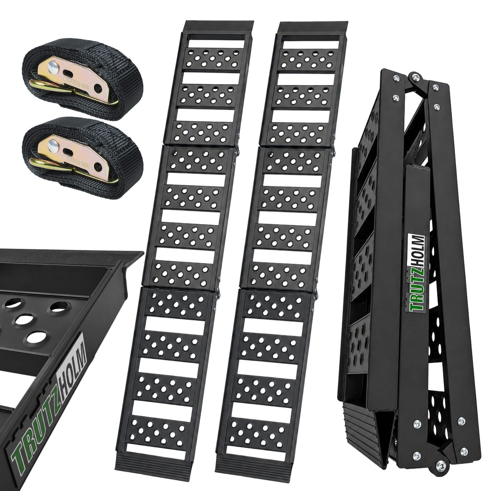 TRUTZHOLM Auffahrrampe 2x Verladerampe 2-fach klappbar 199 cm 680 kg Alu gelocht Rampe (2-St., Inkl. 2x Spanngurt), 2-facher Klappmechanismus für einfachen Transport