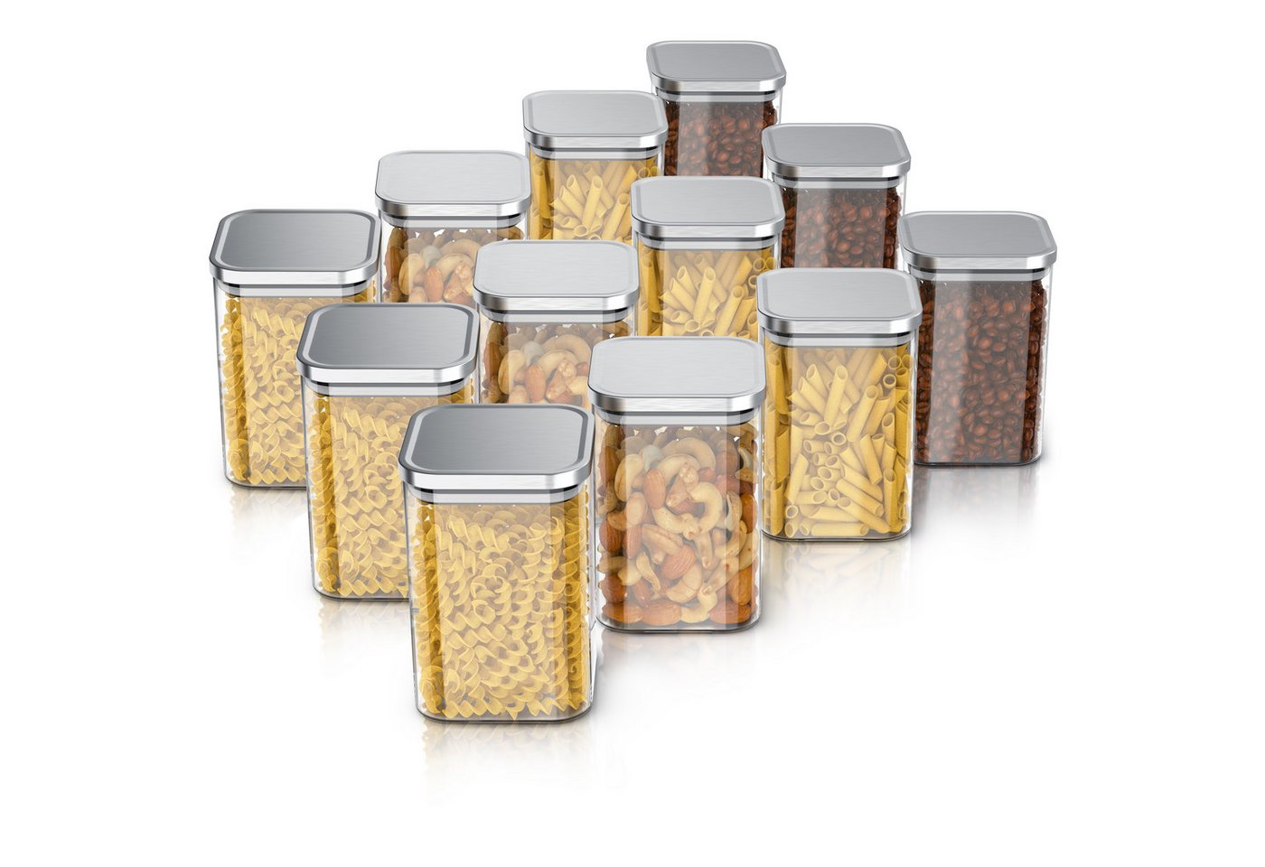 Arendo Aufbewahrungsbecher Glasbehälter-Set 12x 1,2 L Borosilikat quadratisch mit Edelstahldeckel, Borosilikatglas, Edelstahl, Silikon, (Vorratsbehälter-Set, 12-tlg., 12er Set), luftdicht, hitze & kältebeständig, Mikrowellen & spülmaschinengeeignet
