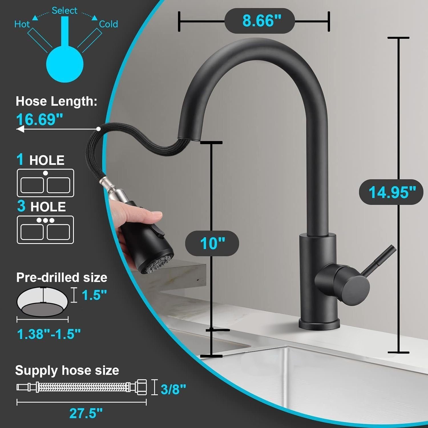 Fyrove Waschtischarmatur Wasserhahn Bad Schwarz,Waschtischarmatur Waschbecken-Küchenarmatur (schwarz,mit Handbrause,Küchenarmatur,ausziehbar,Küchenarmatur,2 Str – Bild 2 von 5