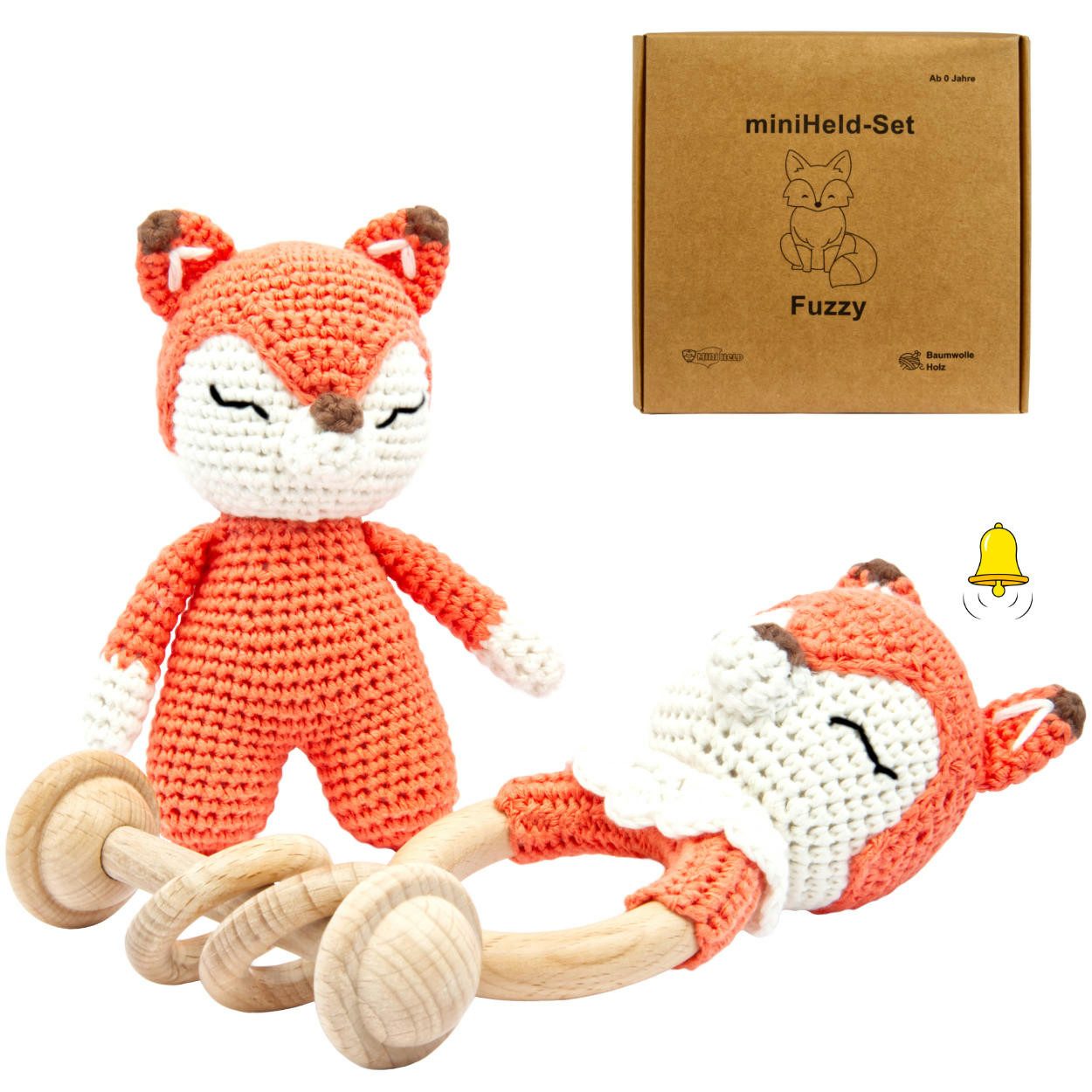 miniHeld Babypuppe Handgestrickter Fuchs Fuzzy Set Babyrassel Holz Baumwolle 15 cm