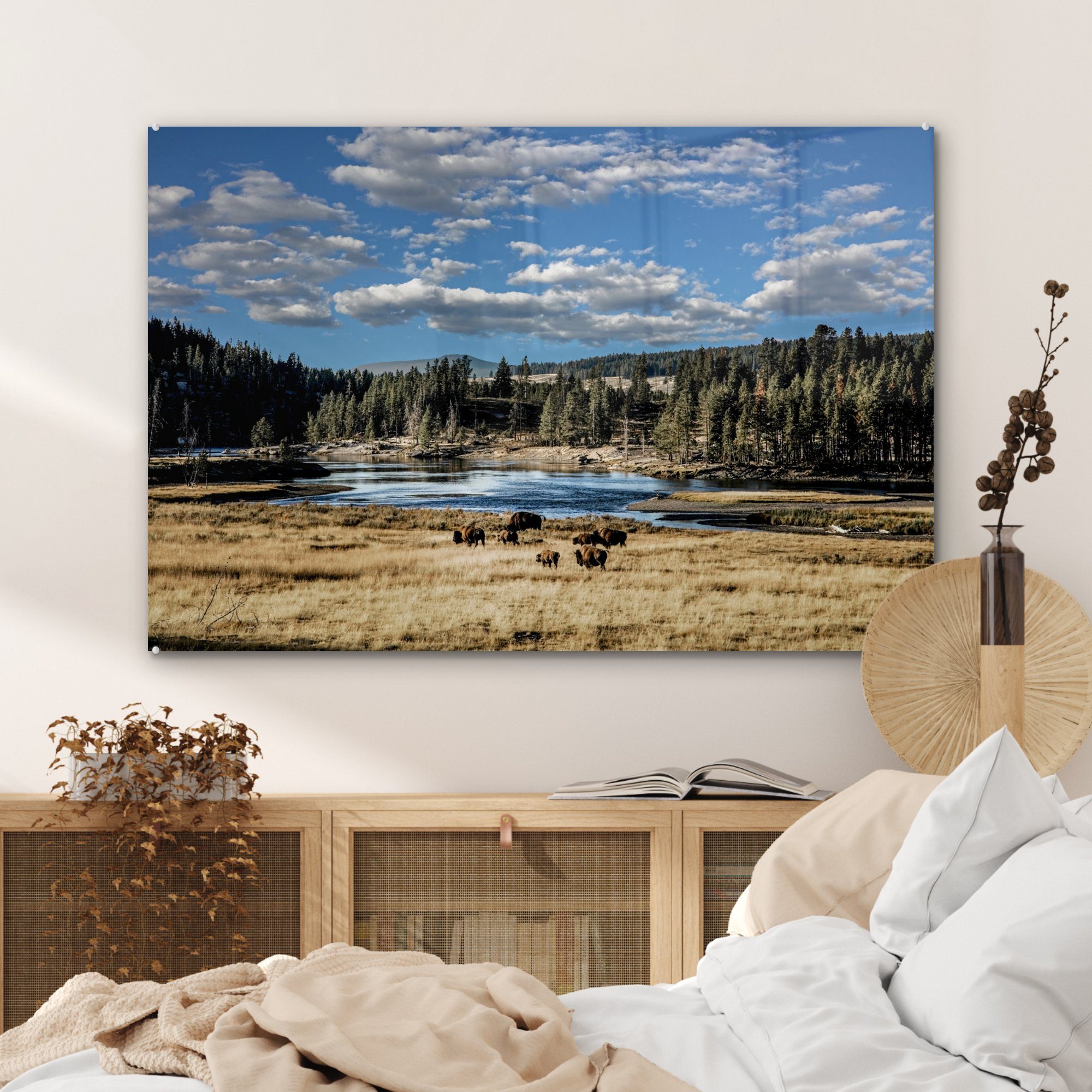 Acrylglasbild Schlafzimmer Landschaft MuchoWow & (1 St), - Wohnzimmer Bison, Acrylglasbilder - Baum