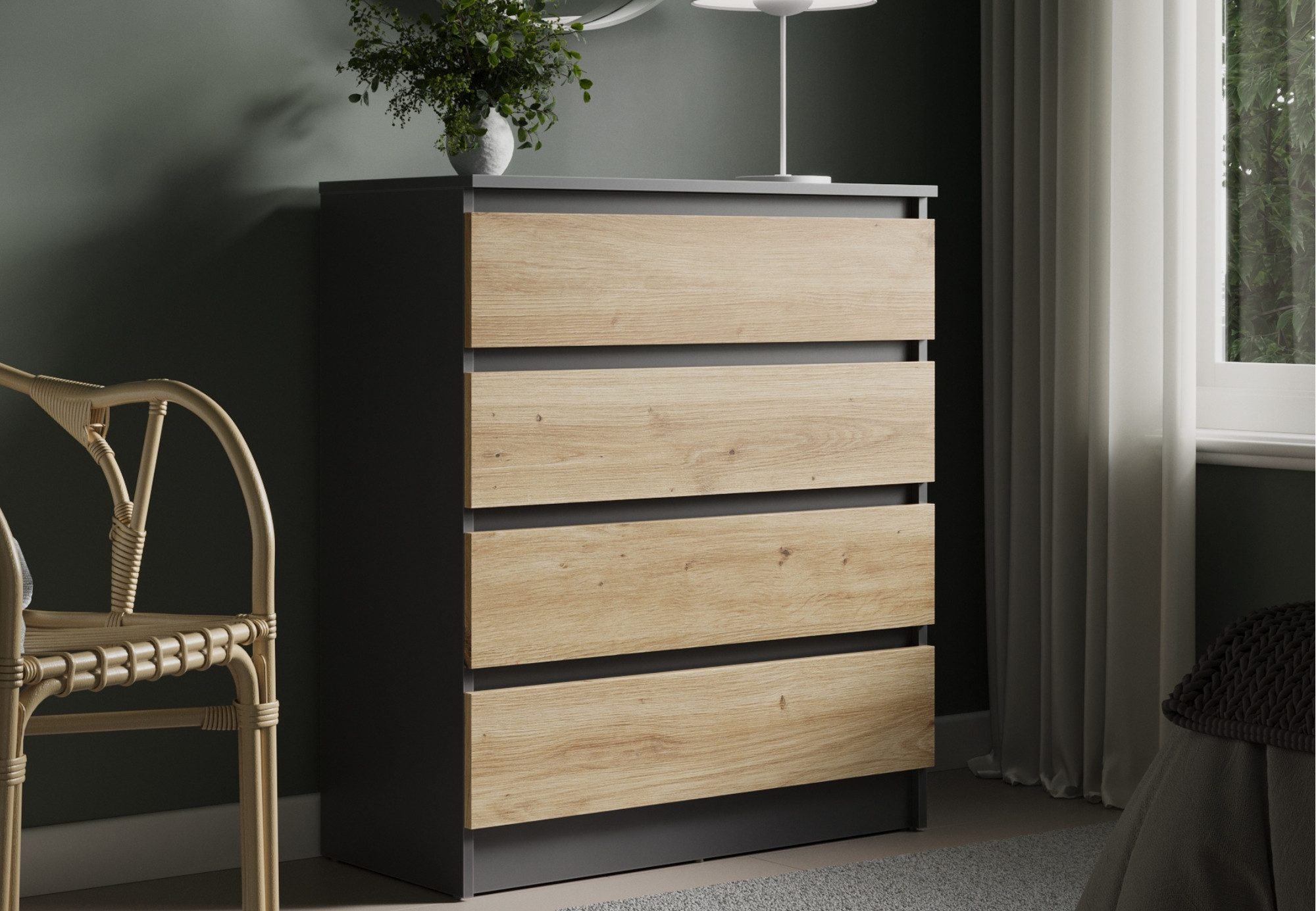 Home Collective Kommode mit 4 Schubladen Kommode schmal Holz Schrank (Highboard Anrichte Schlafzimmer Wohnzimmer Flur Büro Organizer), Kommode 76 cm breit Schrank mit Schubladen Anthrazit / Artisan Eiche