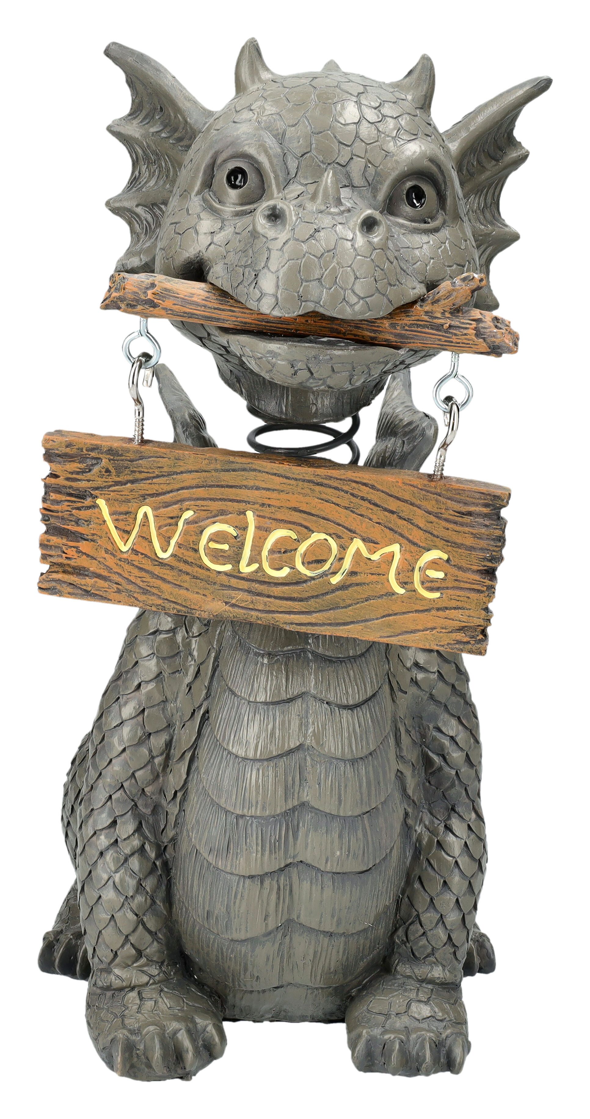 Gartenfigur Gartenfigur Drache - Wackelkopf Welcome - Garten Figur Willkommen Deko
