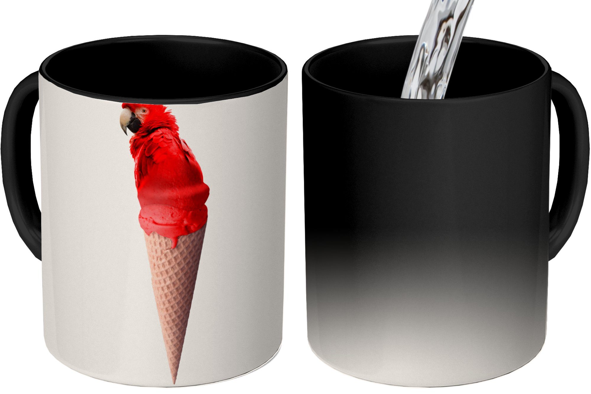 Papagei MuchoWow Zaubertasse, Keramik, Teetasse, - - Geschenk Kaffeetassen, Eistüten Weiß, - Eiscreme Rot Farbwechsel, Tasse -