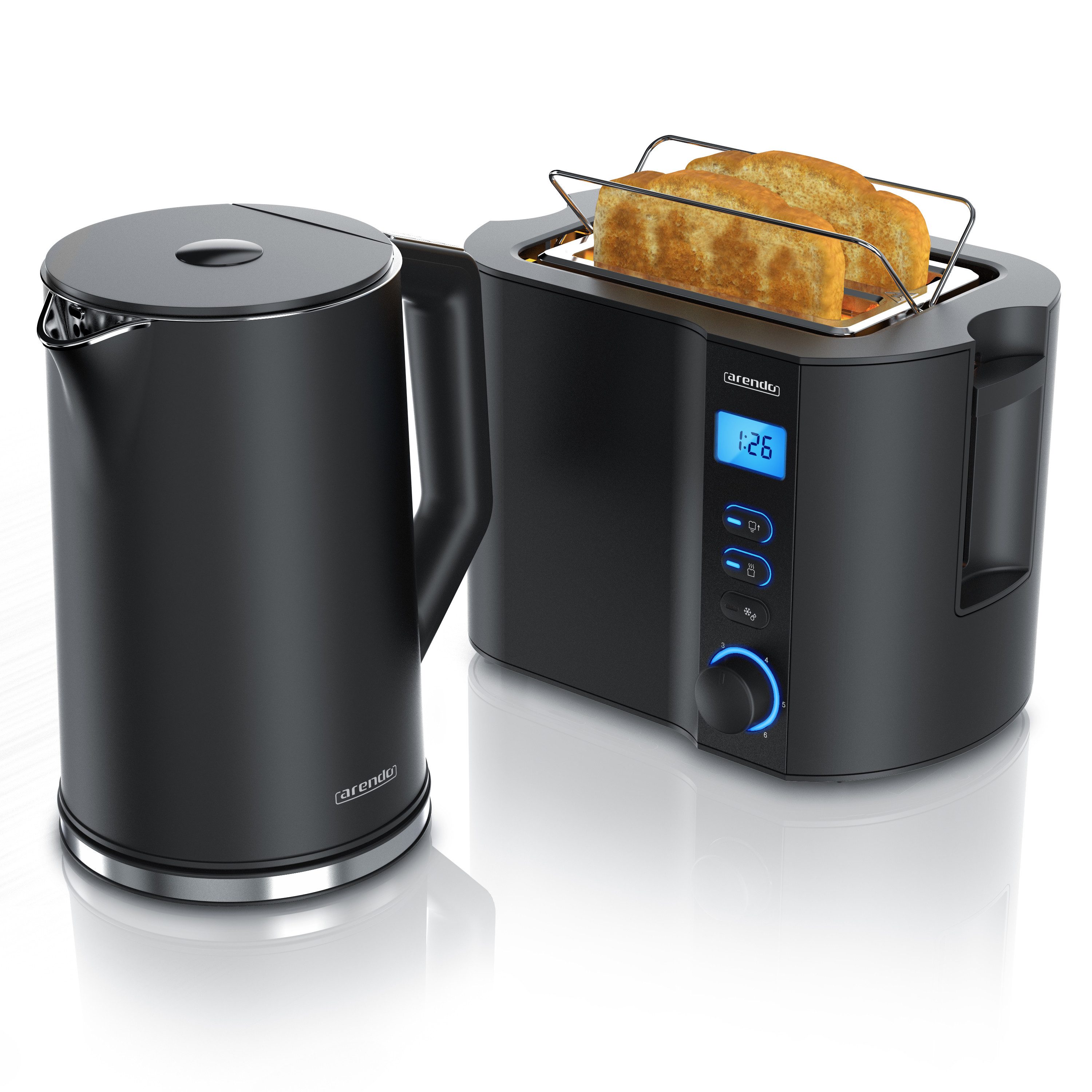 Arendo Frühstücks-Set Edelstahl Wasserkocher 1,5l, 2-Scheiben Kurzschlitz Toaster, schwarz (2-tlg), Wasserkocher mit Temperatureinstellung, 2200W, Toaster Brötchenaufsatz