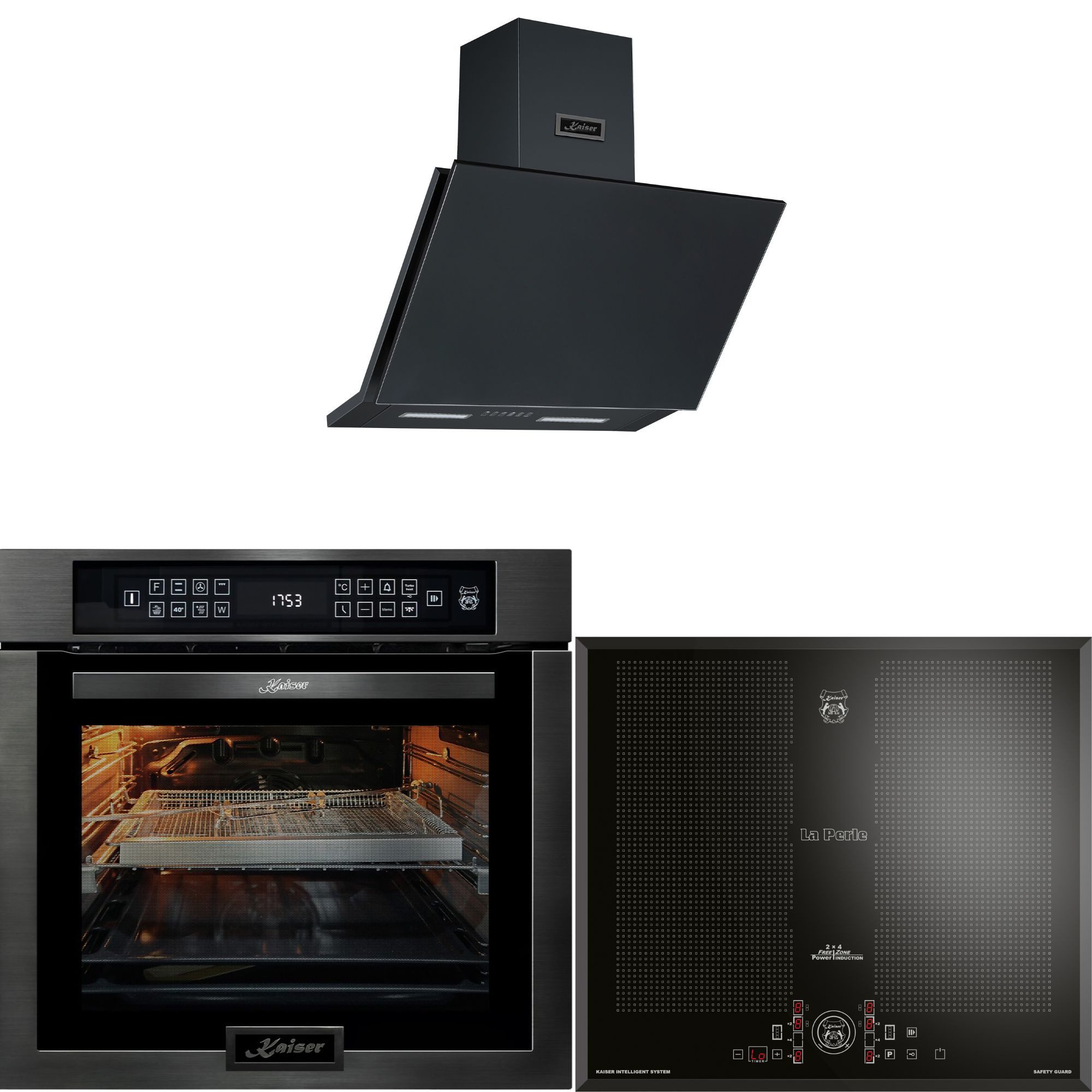 Kaiser Küchengeräte Backofen-Set Herd Set Autark Einbaubackofen,86L 15 Fkt. Grill Air fryer Full Touch+Induktions-Kochfeld 60 cm FREE ZONE mit 2 FLEX Induktions-Zonen+Dunstabzugshaube 60cm 1250m³/h Schwarz matt EH 6306 N RS+KCT 61 FI.., mit 1-fach-Teleskopauszug