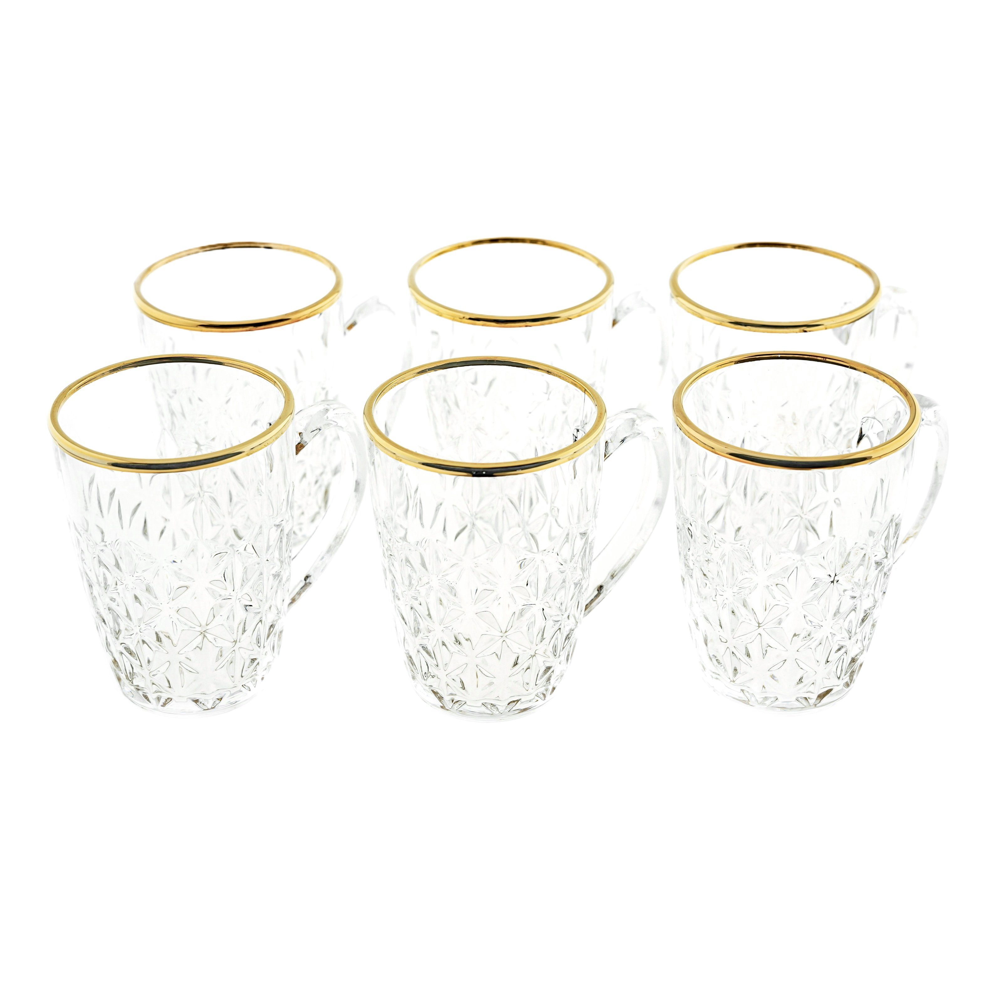 Sunay Teeglas 6er Gläser-Set mit Henkel Gold Umrandung 203 ml Transparent mit Muster, 6-tlg.