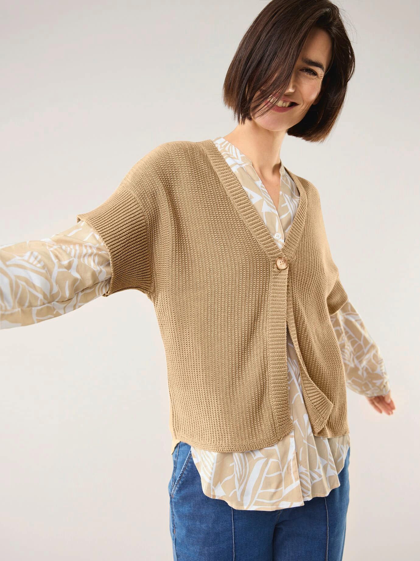 Walbusch Strickweste Damen Weste mit Strukturmuster V-Ausschnitt Halbarm Baumwollmix, pflegeleicht und knitterarm, überschnittene Schultern