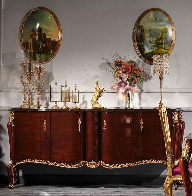 Casa Padrino Stauraumschrank Luxus Barock Sideboard Dunkelbraun / Gold 224 x 57 x H. 105 cm - Edler Schrank mit Glasplatte und 4 Türen - Barock Möbel