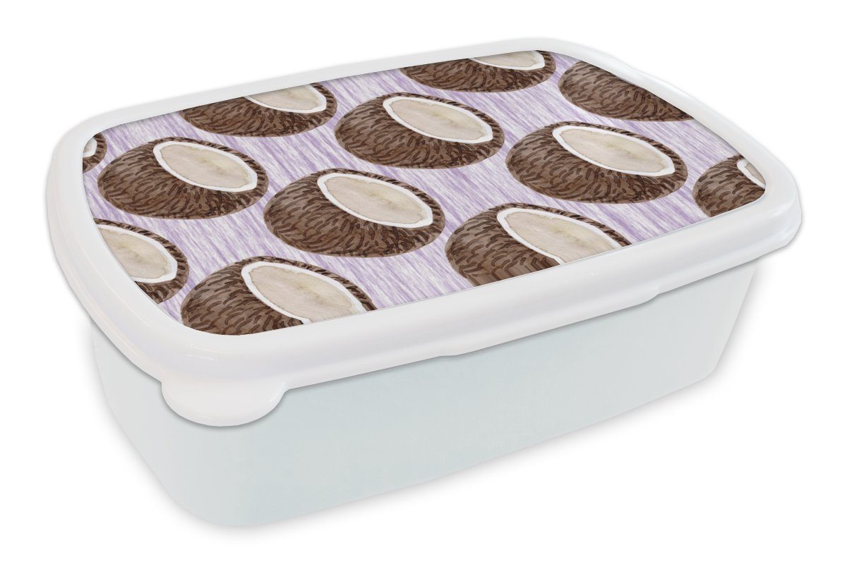 MuchoWow Lunchbox Kokosnuss - Lila - Muster, Kunststoff, (2-tlg), Brotbox für Kinder und Erwachsene, Brotdose, für Jungs und Mädchen weiß