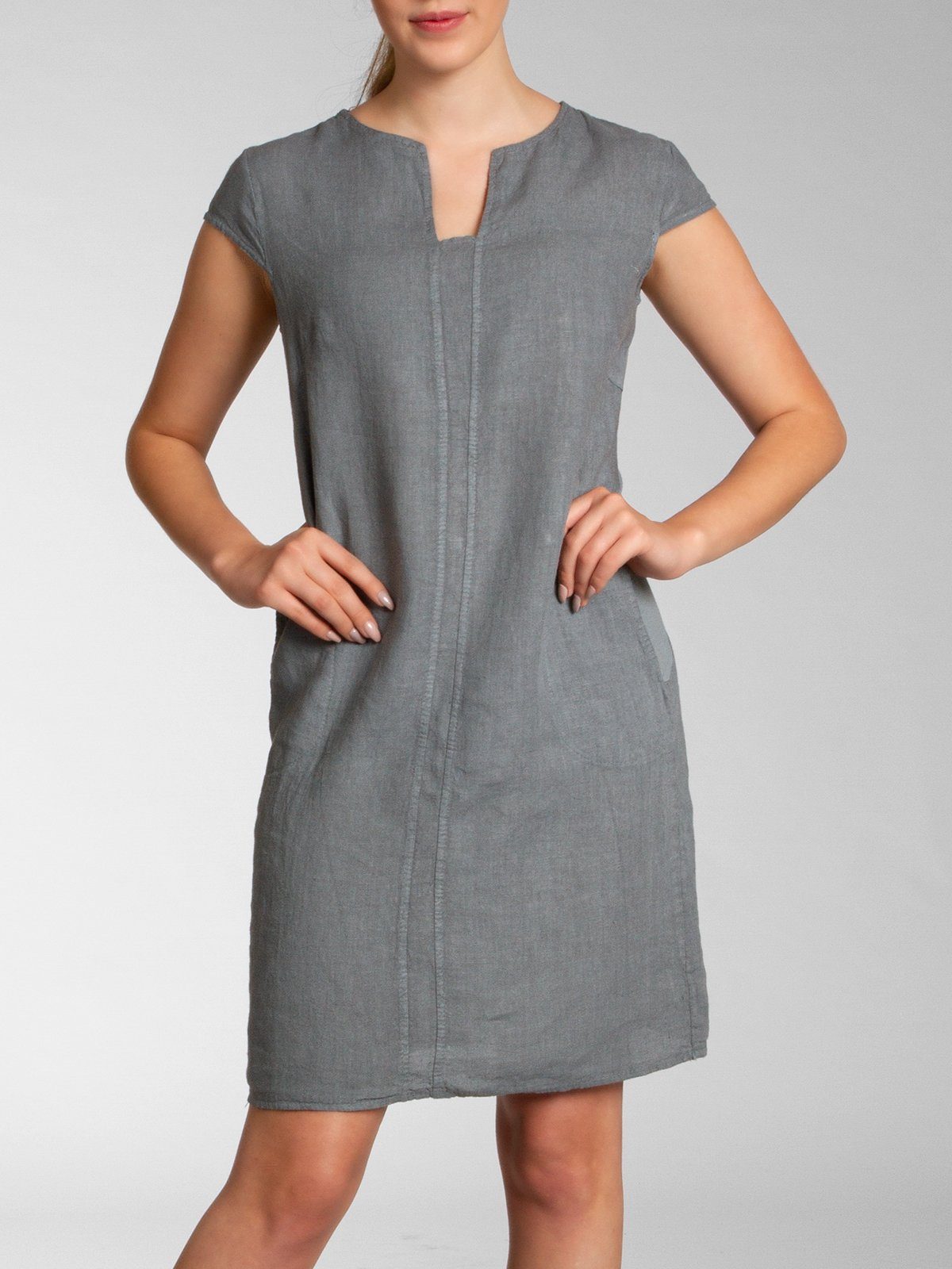 Caspar Sommerkleid Caspar SKL036 Damen Sommer Leinenkleid mit ausgefallenem Ausschnitt Luftig leicht, figurumspielende Form, mit seitlichem Jersey-Einsatz