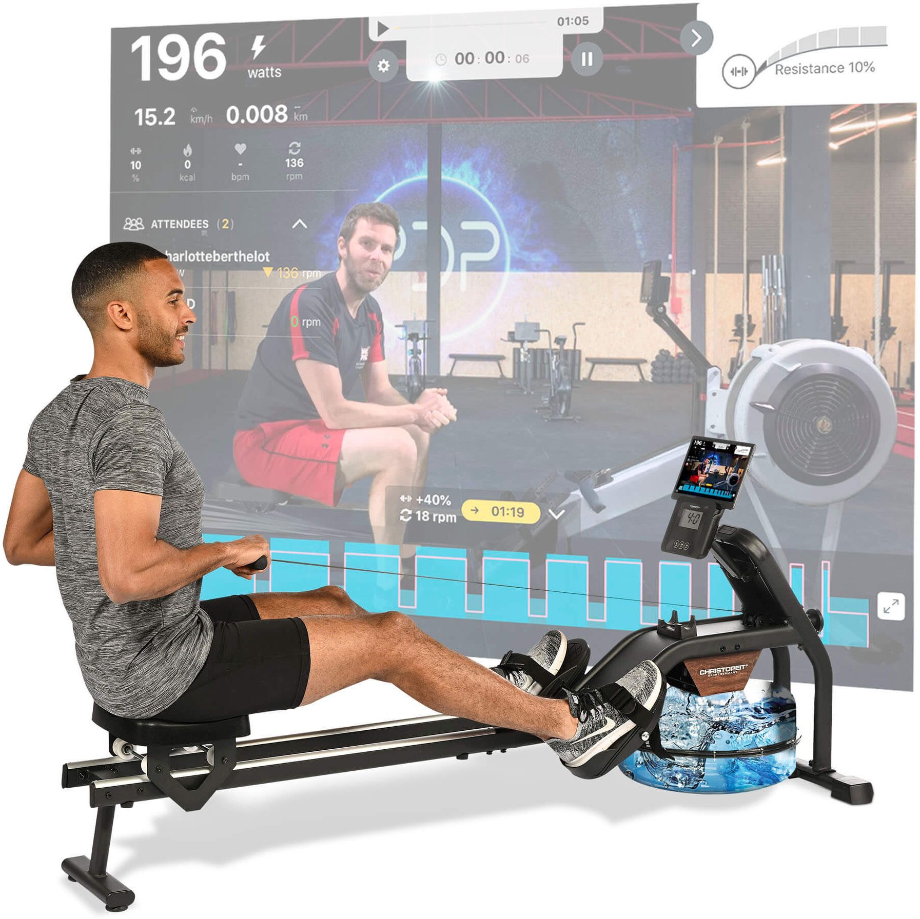 Christopeit Sport® Rudergerät Wasserrudergerät Garda (120 kg max. Benutzergewicht, Kinomap-App kompatibel, Sport), Rudermaschine