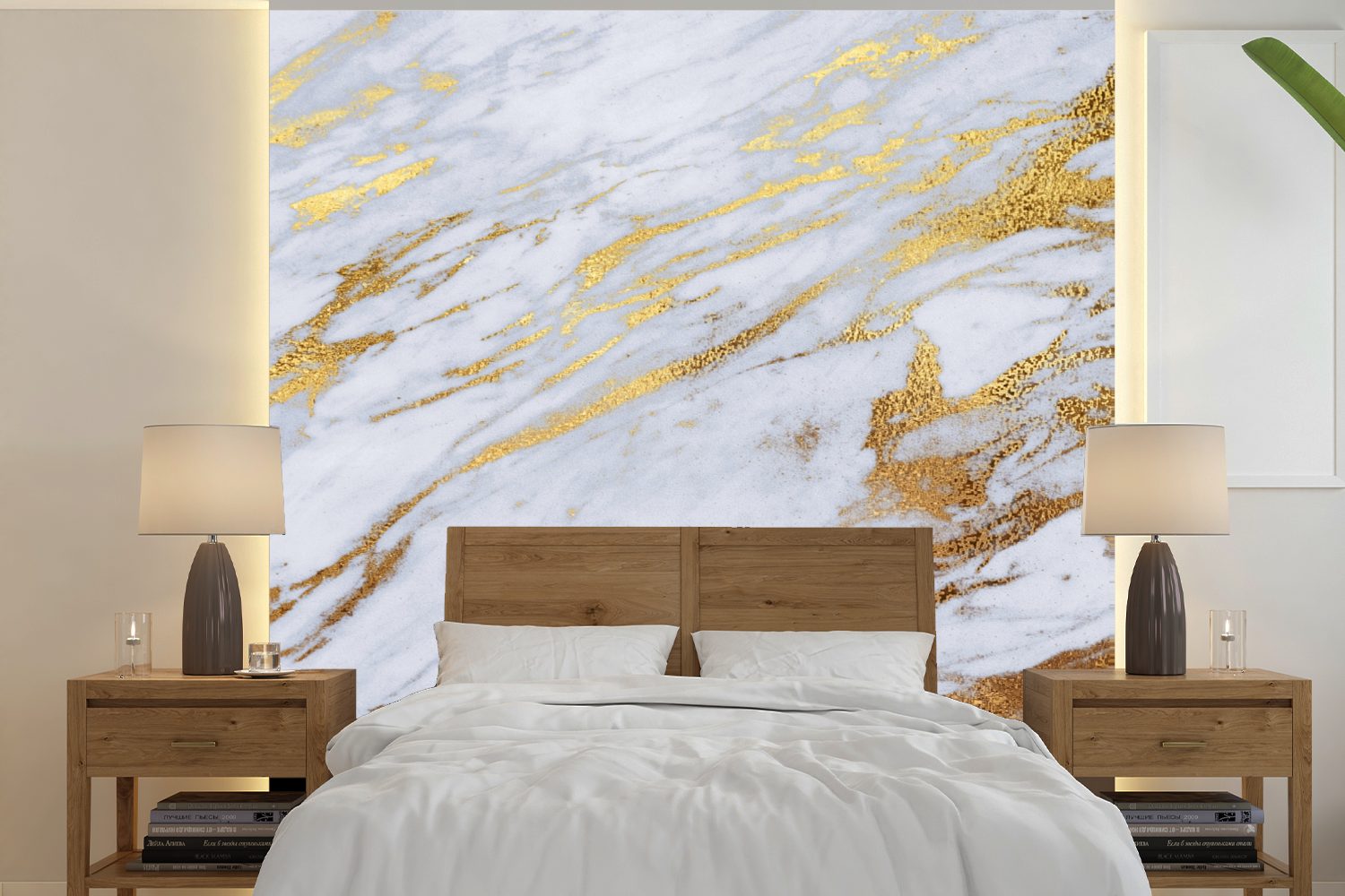 MuchoWow Fototapete Marmor - Gold - Weiß - Textur, Matt, bedruckt, (5 St), Vinyl Tapete für Wohnzimmer oder Schlafzimmer, Wandtapete